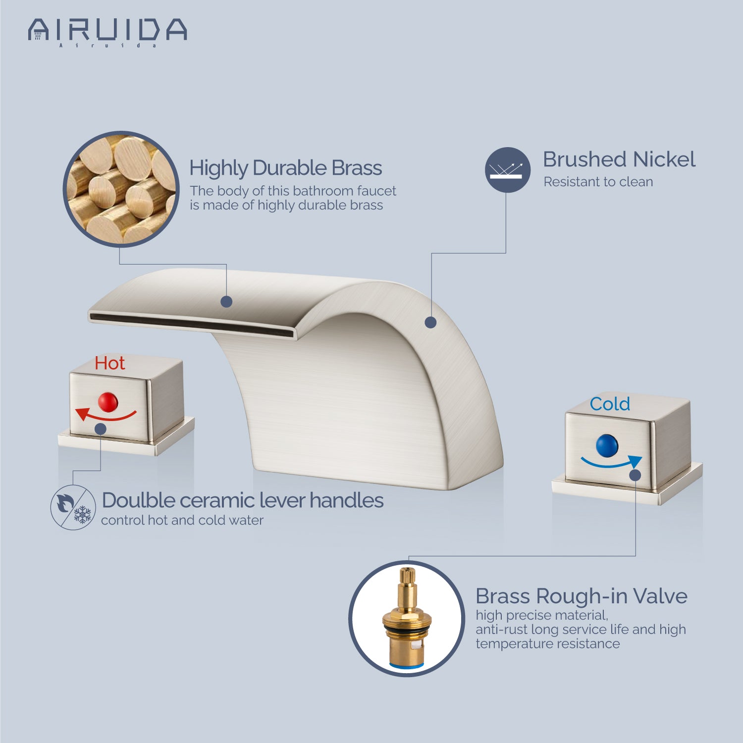 Airuida Widespread Waterfall Bathroom Faucet, Deck Mounted 8 Inch Faucet, Double Handles 3 Holes Waterfall Bathroom Faucet