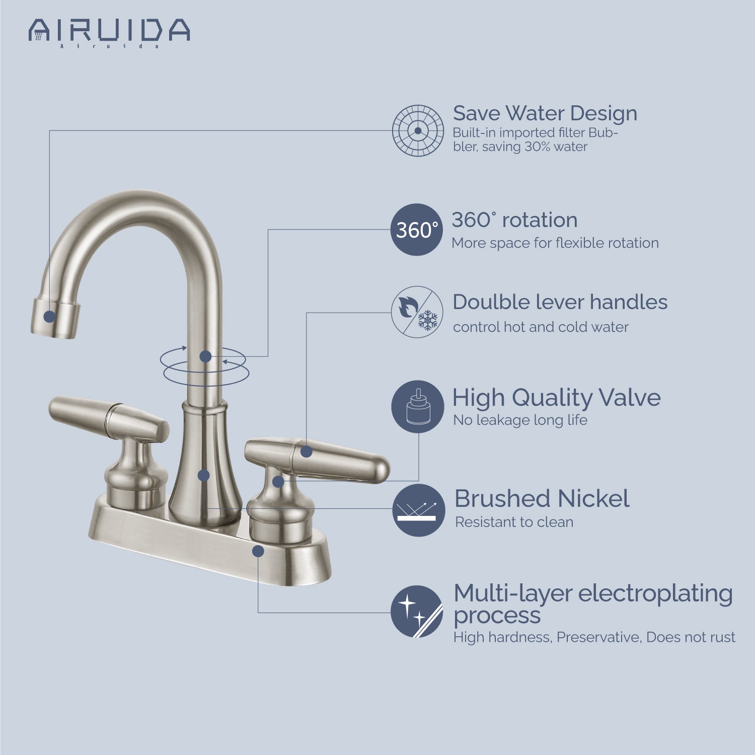 Airuida Bathroom Faucet 4 inch Centerset Two Handle Bathroom Sink Faucet 360°Swivel Spout Bathroom Faucet with Supply Hoses and Pop Up Drain Deck Mount