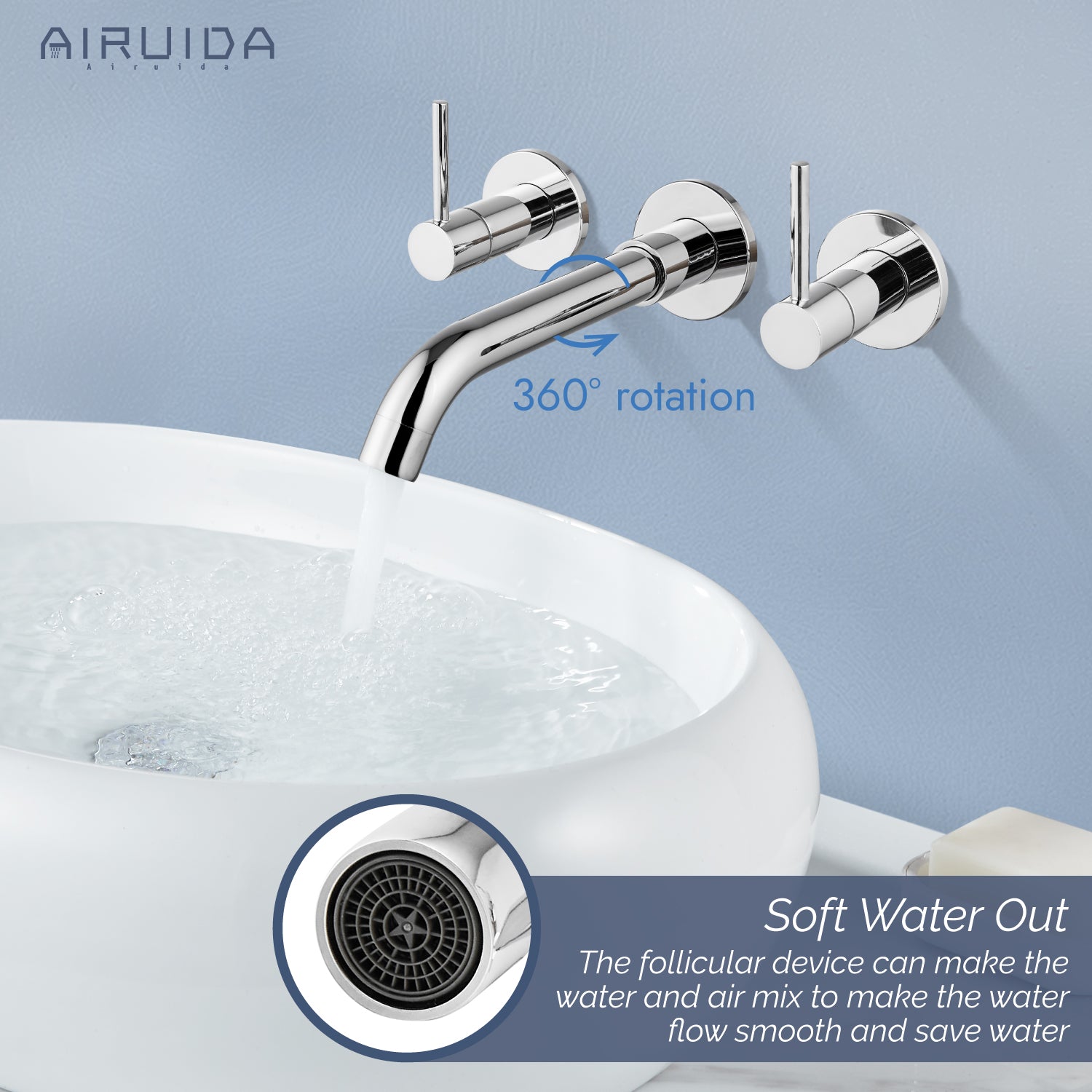 Airuida Wall Mount Bathroom Faucet Solid Brass Widespread Bathroom 360 Swivel Spout Sink Faucet Double Handles Lavatory Basin Sink Mixing Faucet with Rough in Valve