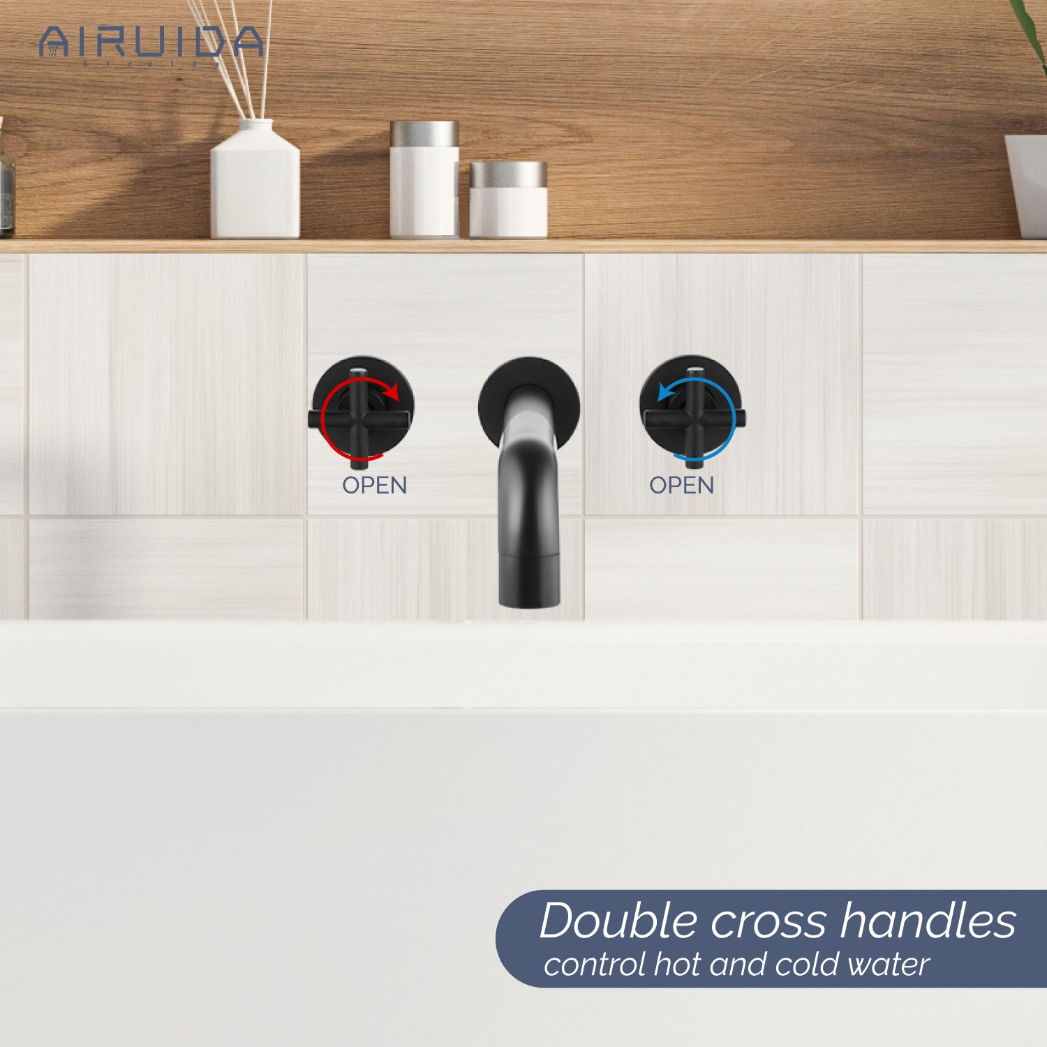 Airuida Wall Mounted Tub Faucet, Wall Mount Tub Filler,Wall Mount Bathtub Faucet with High Flow Two Cross Solid Brass Handles, Long Spout Reach with Rough-in Valve Included