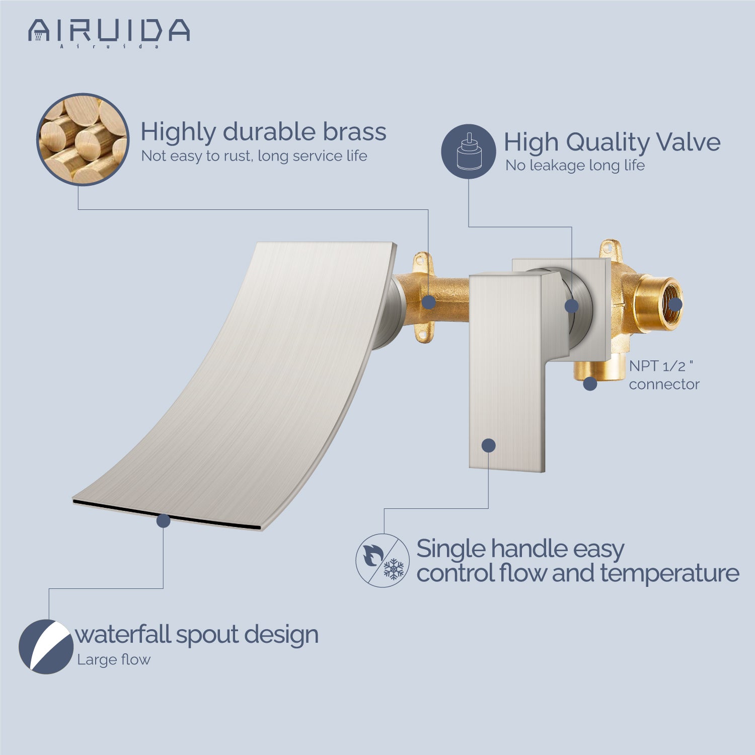 Airuida Wall Mount Wall Mount Bathtub Faucet, Tub Filler with Waterfall Tub Spout, Single Handle Bathroom Mixer Tap Brass Rough-in Valve Included