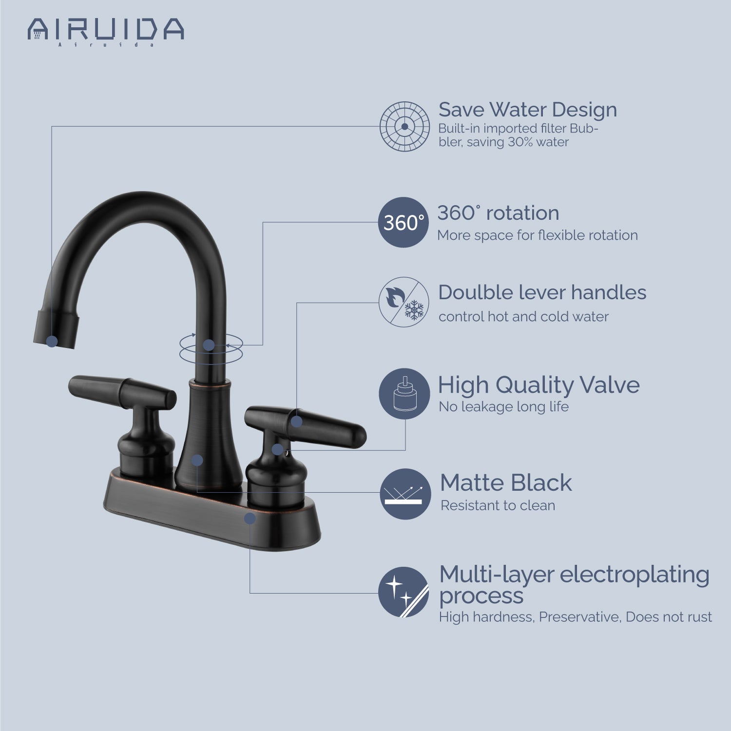 Airuida Bathroom Faucet 4 inch Centerset Two Handle Bathroom Sink Faucet 360°Swivel Spout Bathroom Faucet with Supply Hoses and Pop Up Drain Deck Mount