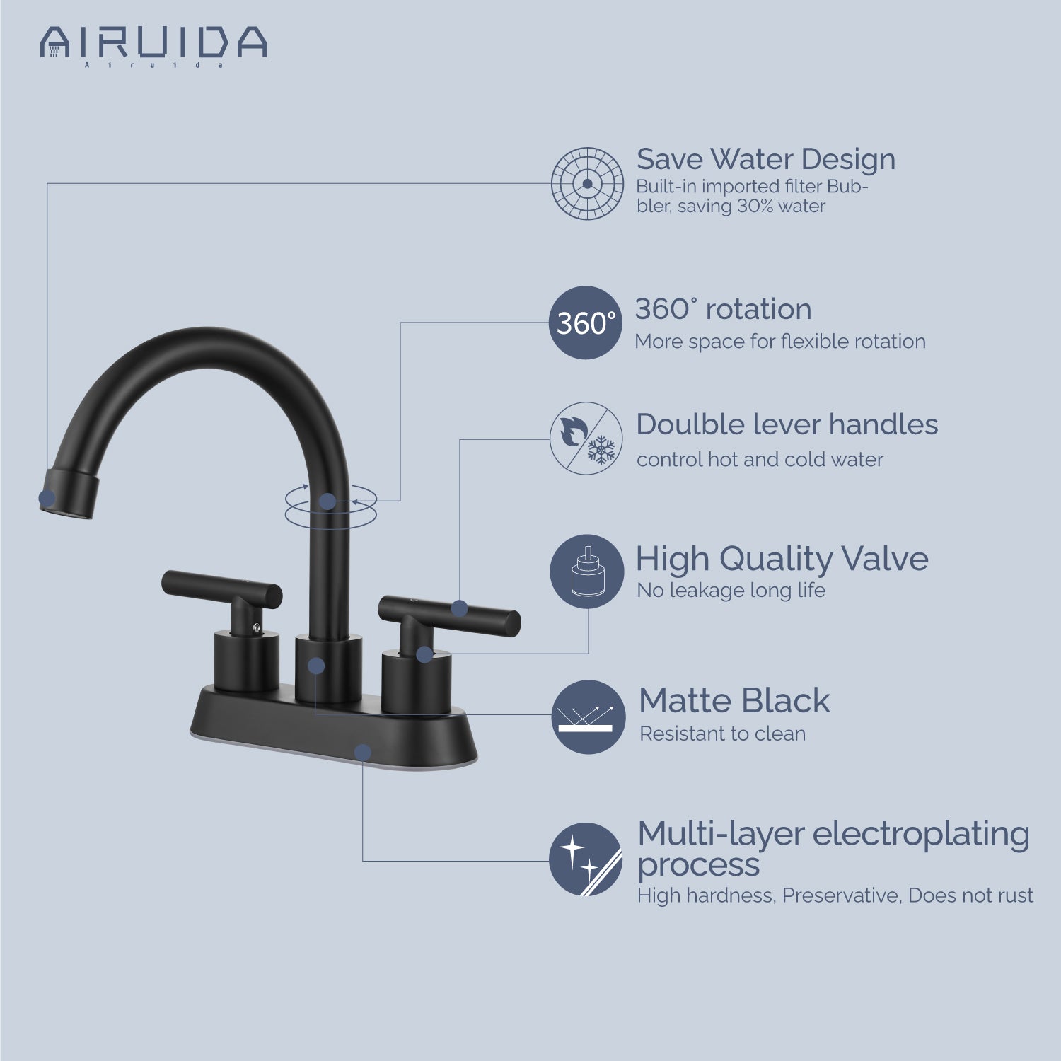 Airuida Bathroom Faucet 4 inch Centerset Two Handle Bathroom Sink Faucet 360°Swivel Spout Bathroom Faucet with Supply Hoses and Pop Up Drain Deck Mount