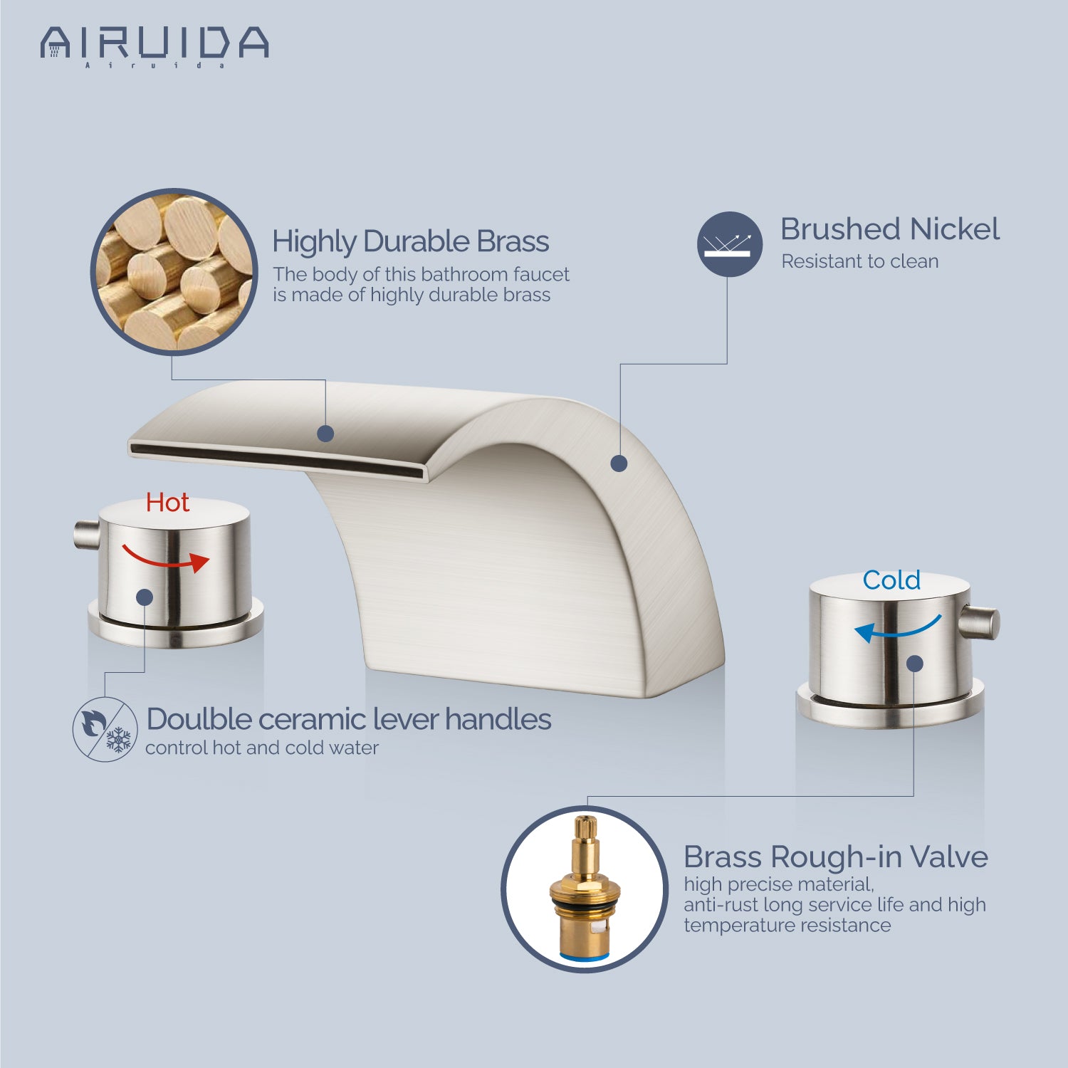 Airuida Widespread Waterfall Bathroom Faucet, Deck Mounted 8 Inch Faucet, Double Handles 3 Holes Waterfall Bathroom Faucet