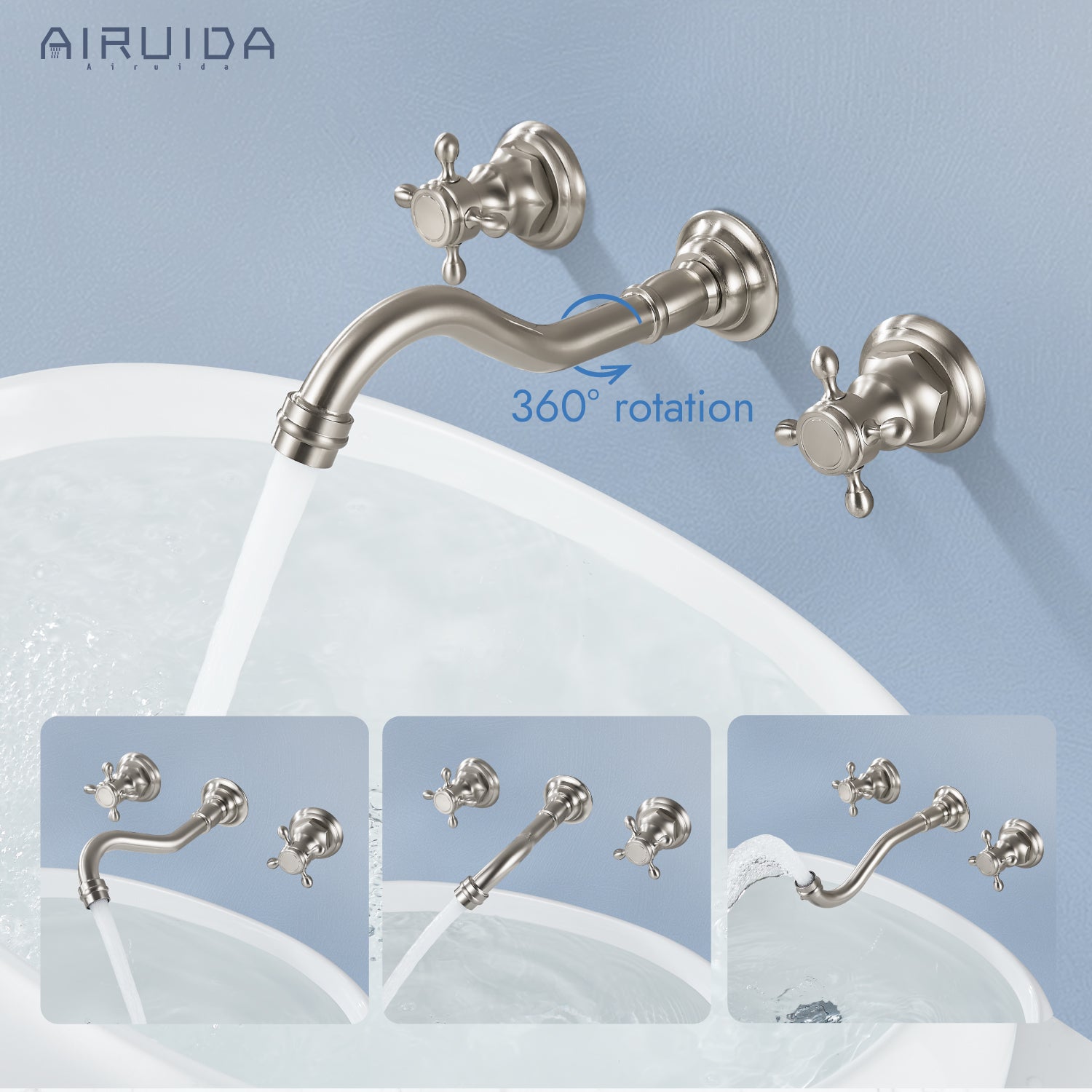 Airuida Wall Mount Faucet, Widespread Wall Mount Bathroom Sink Faucet, 360 Swivel Spout 2 Cross Knobs Handles 3 Holes Lavatory Basin Sink Mixing Faucet with Rough in Valve