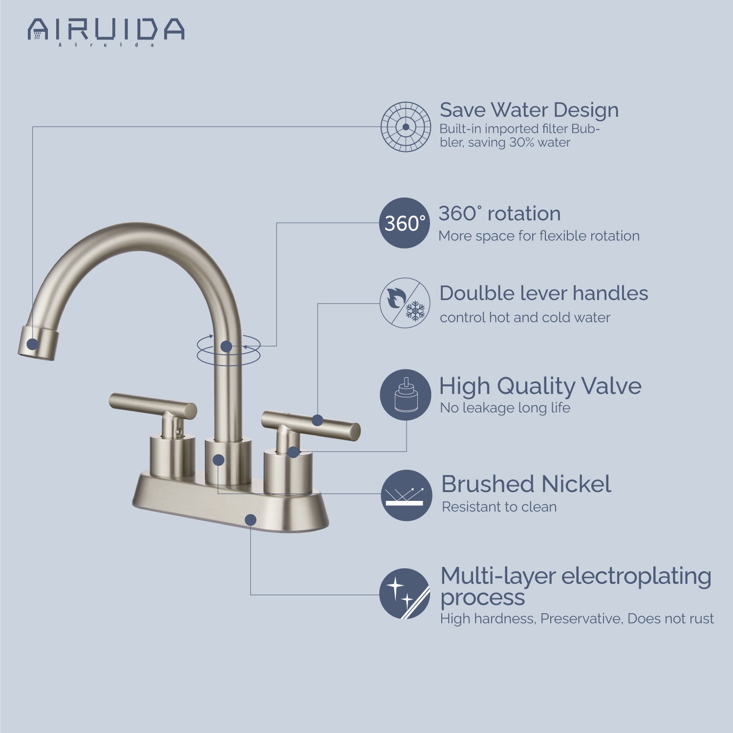 Airuida Bathroom Faucet 4 inch Centerset Two Handle Bathroom Sink Faucet 360°Swivel Spout Bathroom Faucet with Supply Hoses and Pop Up Drain Deck Mount