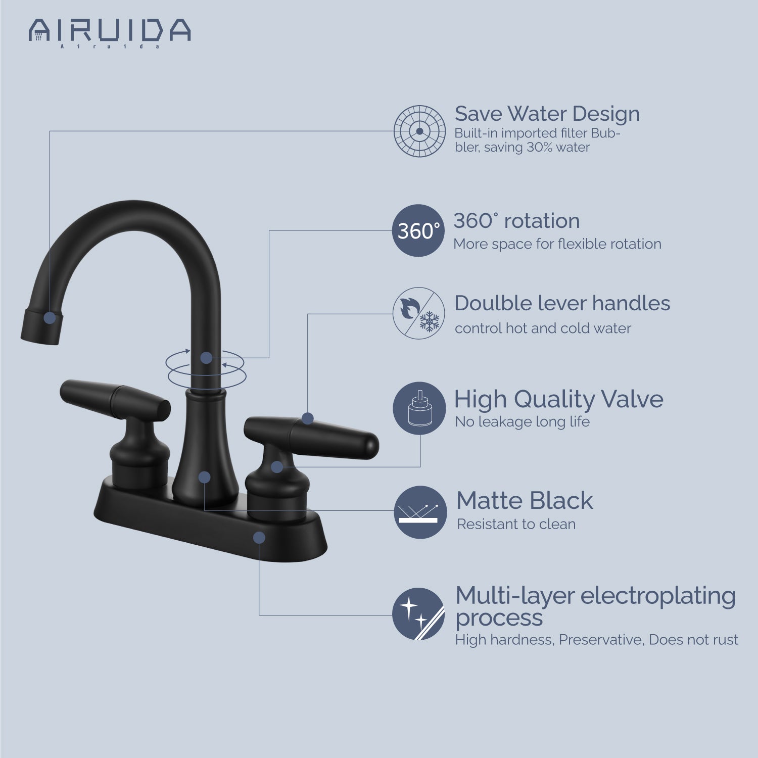 Airuida Bathroom Faucet 4 inch Centerset Two Handle Bathroom Sink Faucet 360°Swivel Spout Bathroom Faucet with Supply Hoses and Pop Up Drain Deck Mount