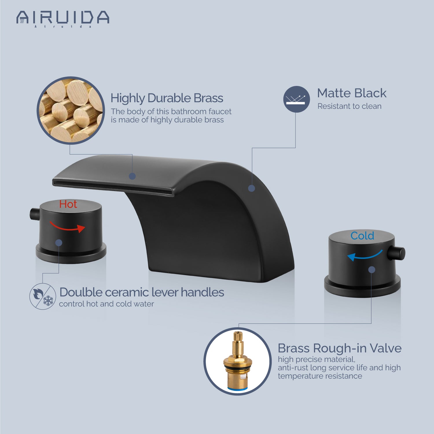 Airuida Widespread Waterfall Bathroom Faucet, Deck Mounted 8 Inch Faucet, Double Handles 3 Holes Waterfall Bathroom Faucet
