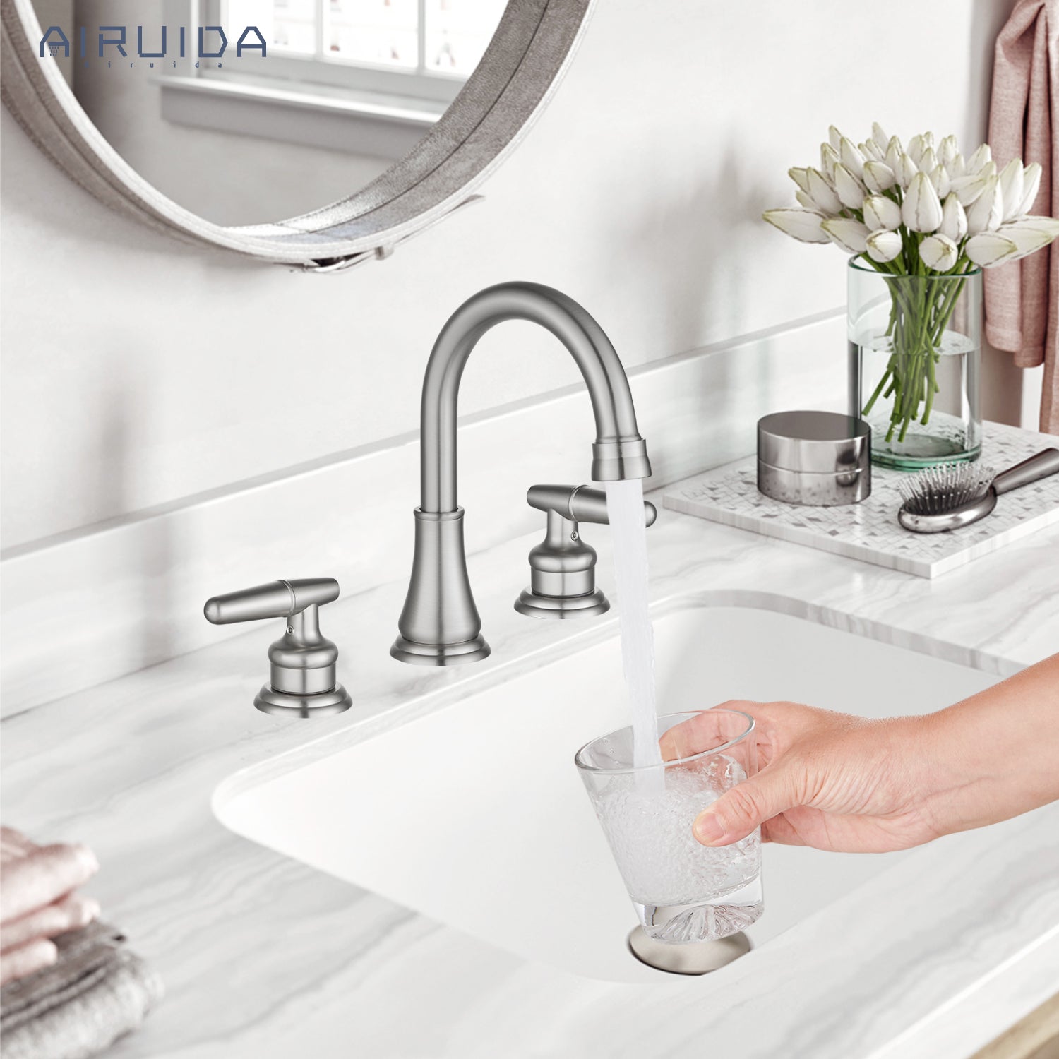 Airuida 8 Inch Widespread Bathroom Sink Faucet 2 Handles 3 Holes 360 Degree Swivel Spout Stainless Steel Lavatory Vanity Faucets Bathroom Faucets