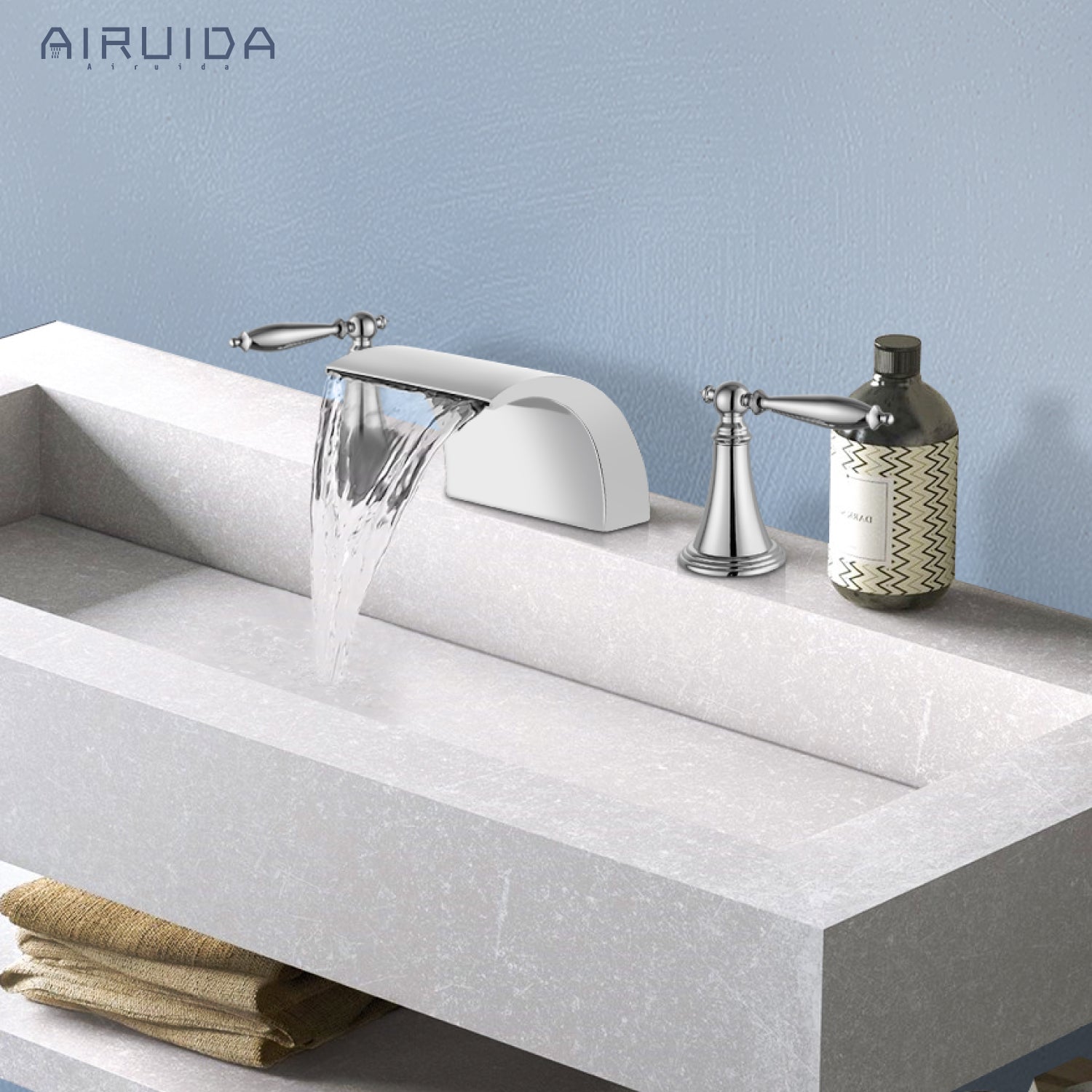 Airuida Widespread Waterfall Bathroom Faucet, Deck Mounted 8 Inch Faucet, Double Handles 3 Holes Waterfall Bathroom Faucet