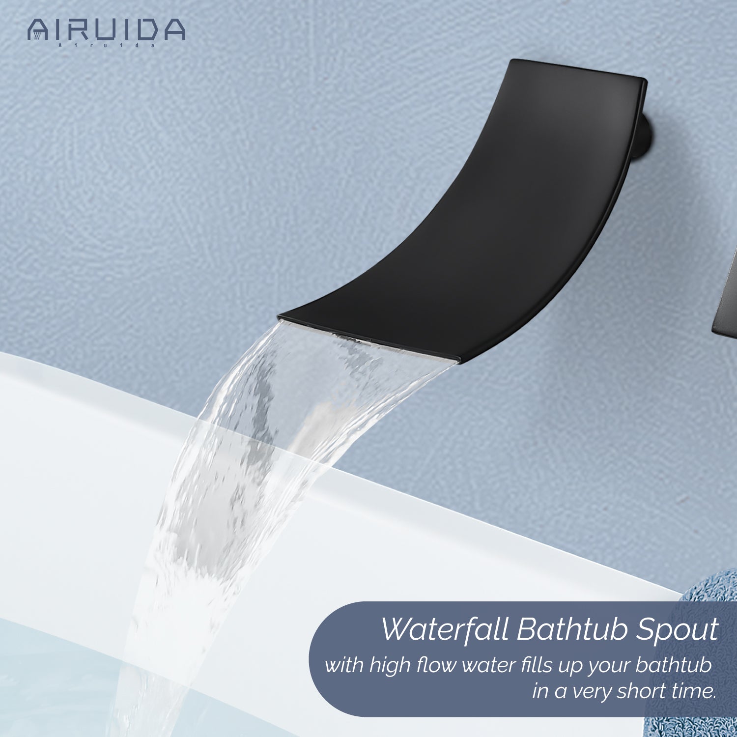 Airuida Wall Mount Wall Mount Bathtub Faucet, Tub Filler with Waterfall Tub Spout, Single Handle Bathroom Mixer Tap Brass Rough-in Valve Included