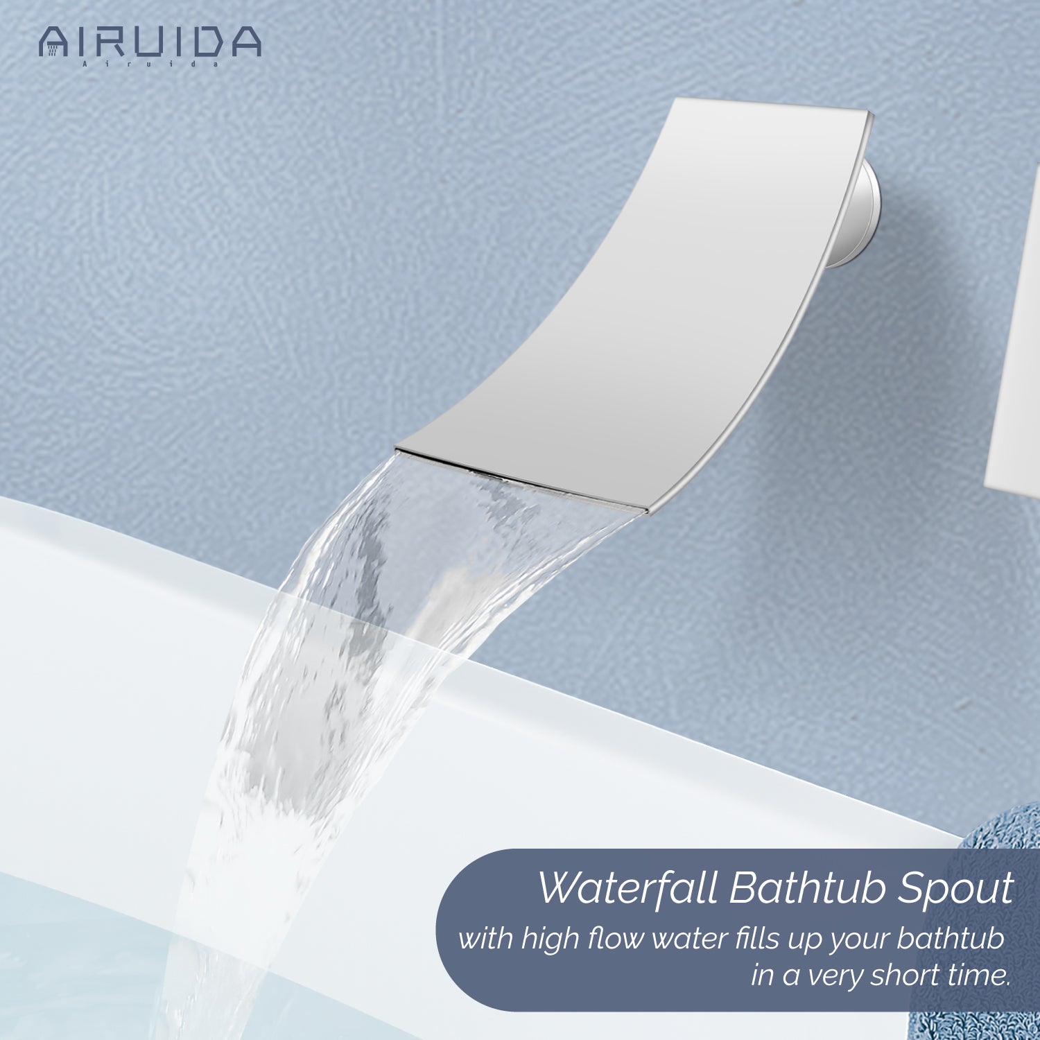 Airuida Wall Mount Wall Mount Bathtub Faucet, Tub Filler with Waterfall Tub Spout, Single Handle Bathroom Mixer Tap Brass Rough-in Valve Included