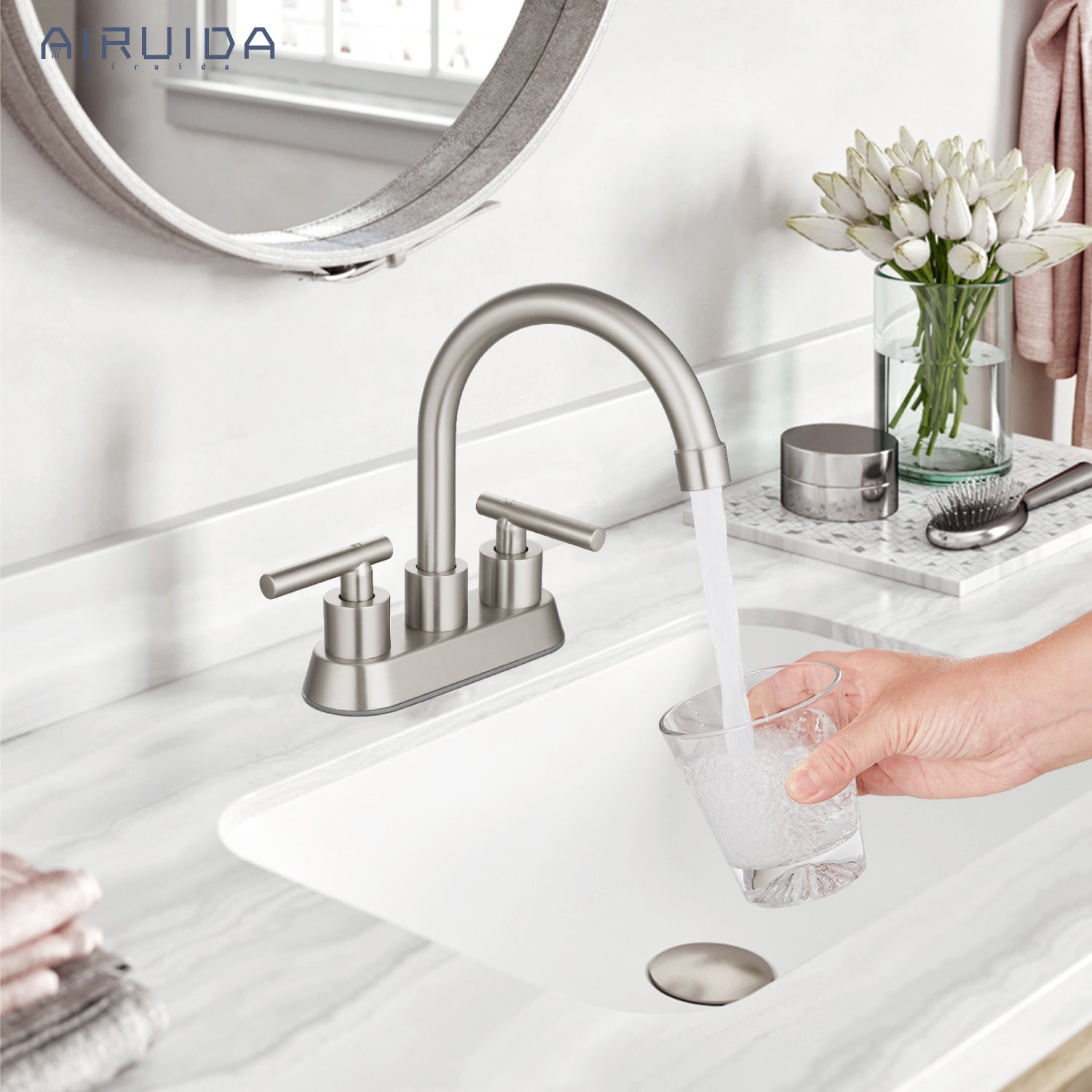 Airuida Bathroom Faucet 4 inch Centerset Two Handle Bathroom Sink Faucet 360°Swivel Spout Bathroom Faucet with Supply Hoses and Pop Up Drain Deck Mount