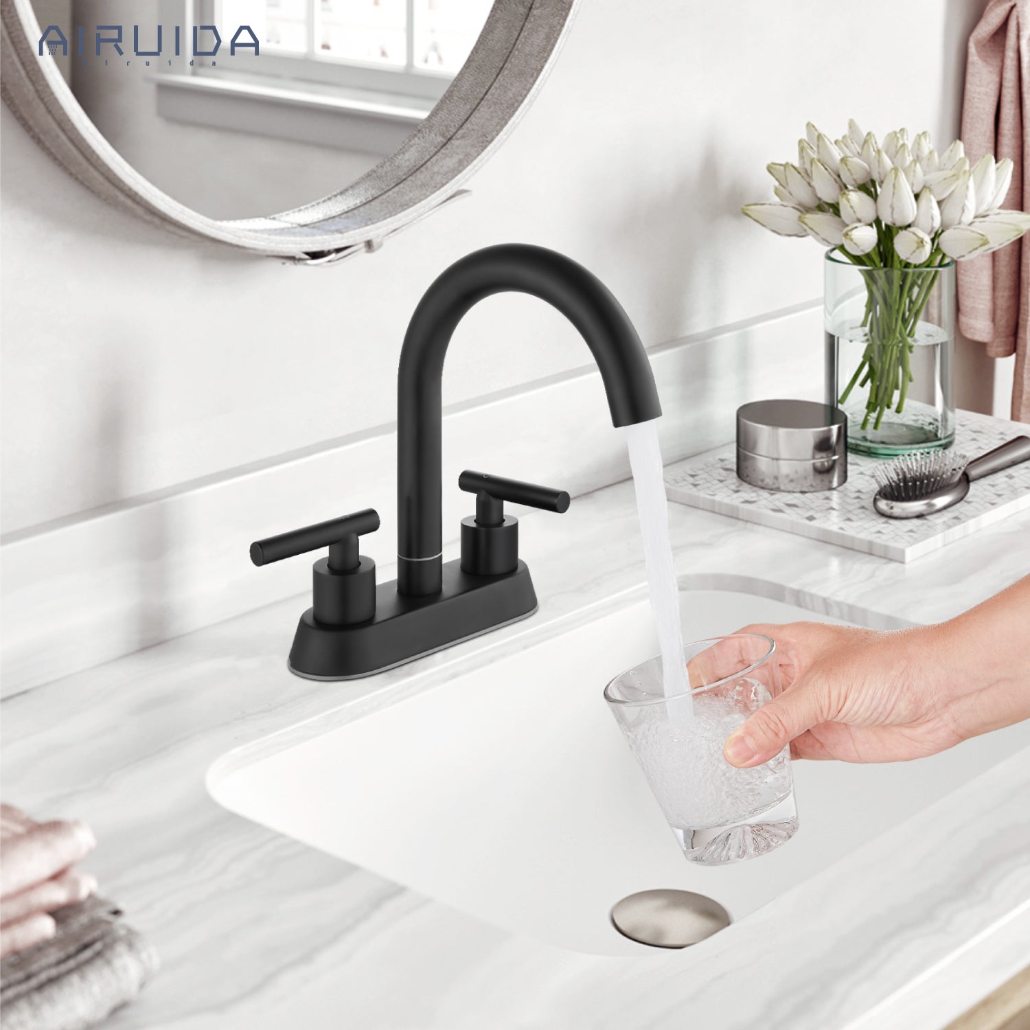 Airuida Bathroom Faucet 4 inch Centerset Two Handle Bathroom Sink Faucet 360°Swivel Spout Bathroom Faucet with Supply Hoses and Pop Up Drain Deck Mount