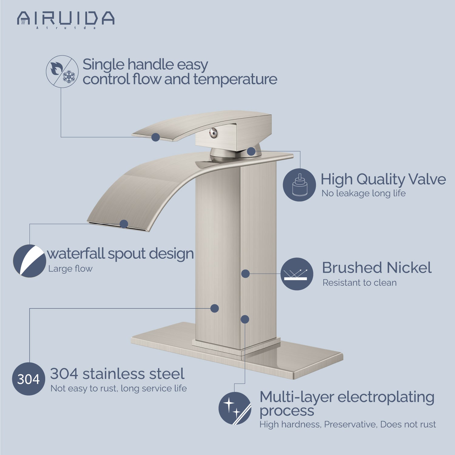 Airuida Waterfall Spout Bathroom Faucet, Single Handle Single Hole Bathroom Sink Faucet-Deck Mount with Deck Plate, Rv Lavatory Vanity Faucet