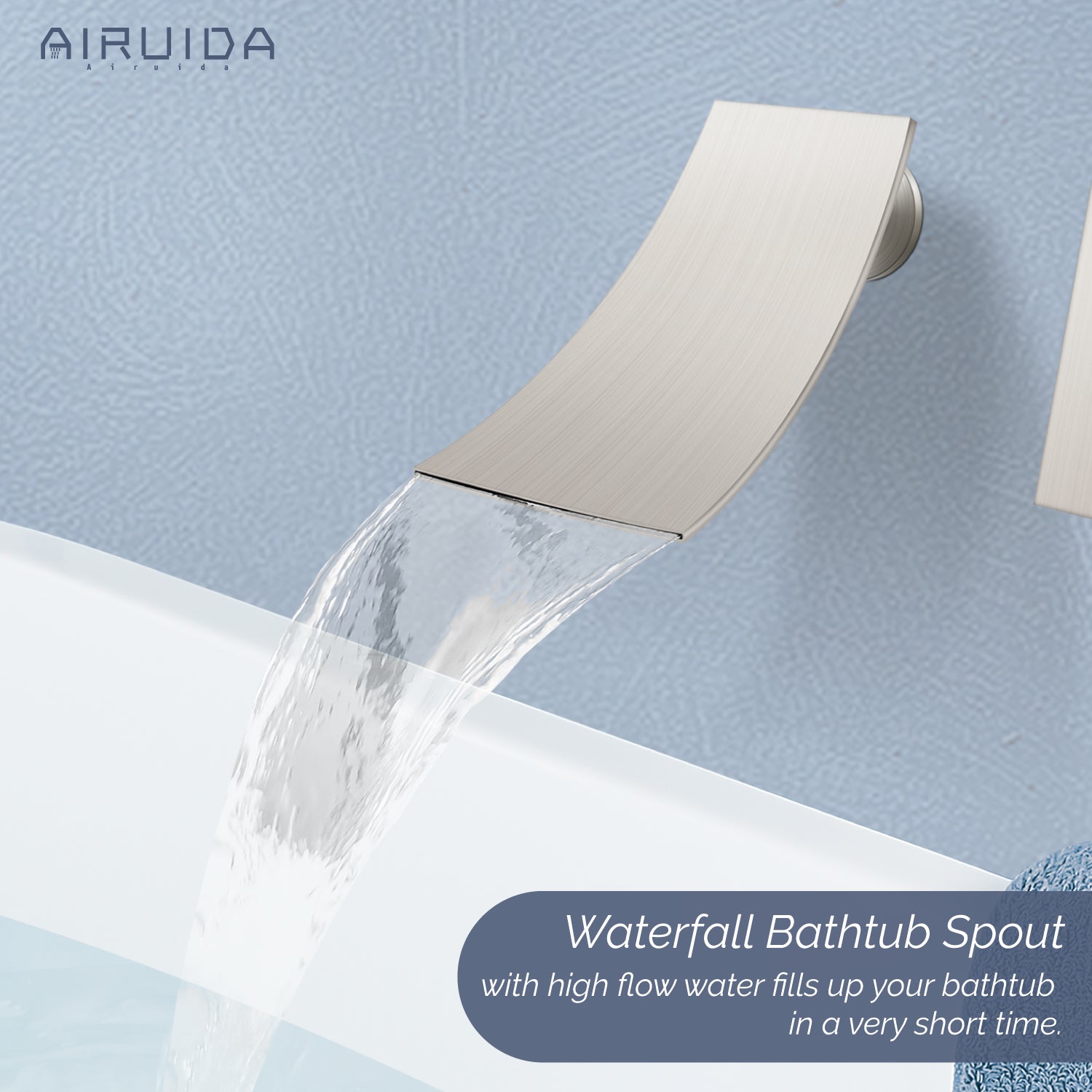Airuida Wall Mount Wall Mount Bathtub Faucet, Tub Filler with Waterfall Tub Spout, Single Handle Bathroom Mixer Tap Brass Rough-in Valve Included