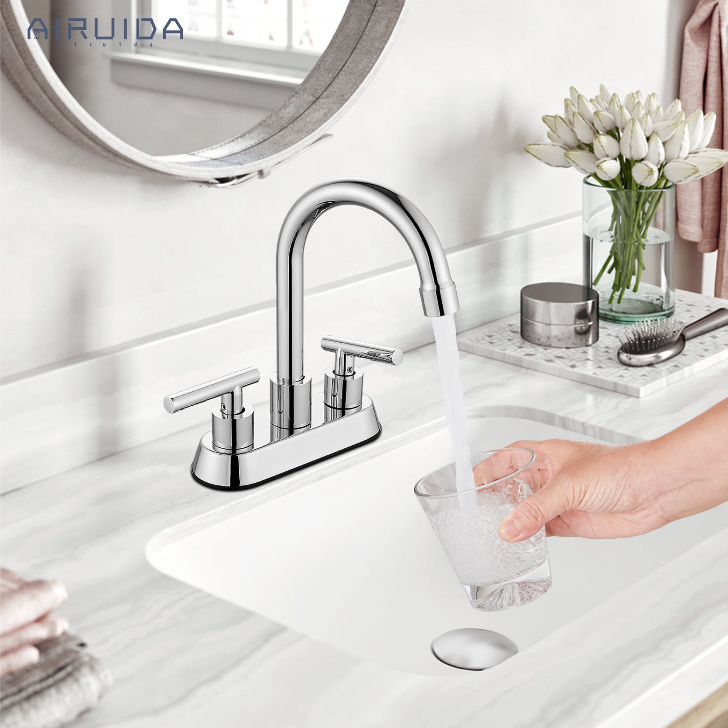 Airuida Bathroom Faucet 4 inch Centerset Two Handle Bathroom Sink Faucet 360°Swivel Spout Bathroom Faucet with Supply Hoses and Pop Up Drain Deck Mount