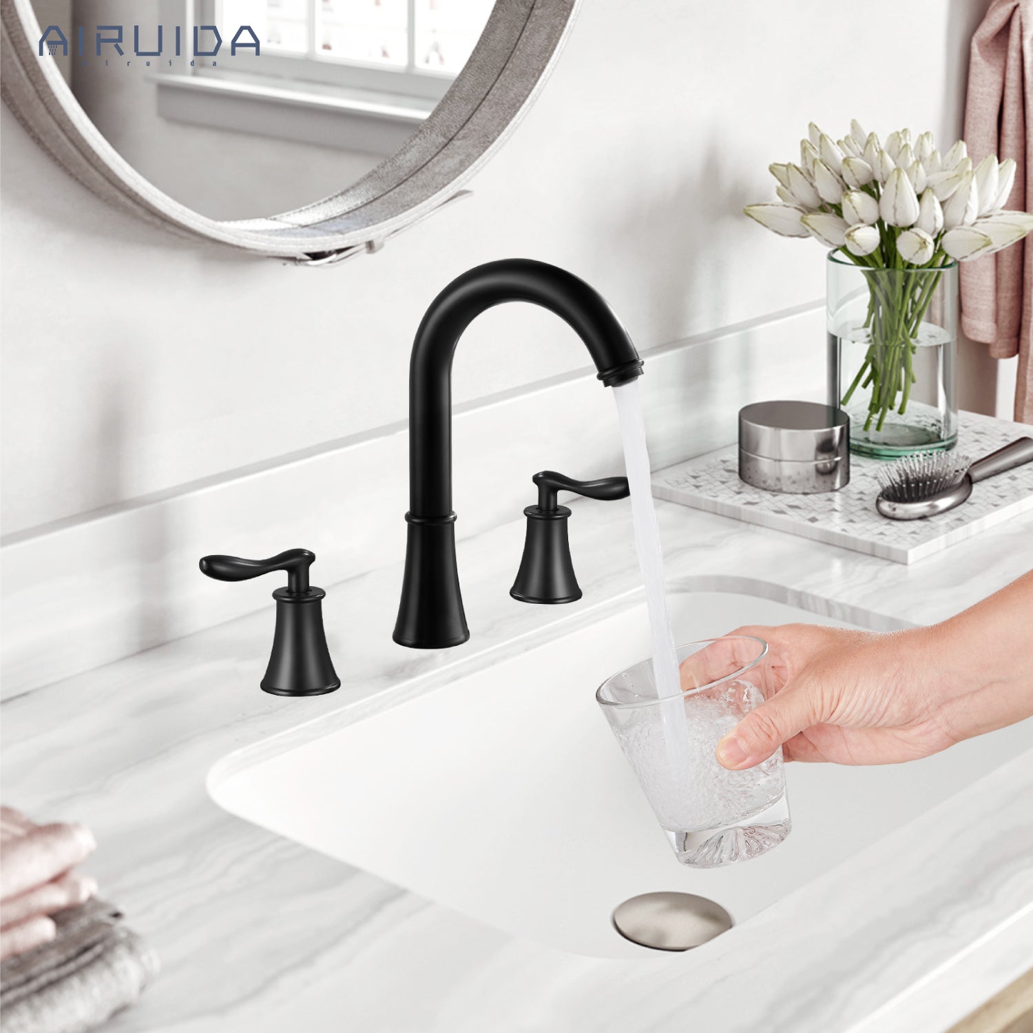 Airuida 8 Inch Widespread Bathroom Sink Faucet 2 Handles 3 Holes 360 Degree Swivel Spout Stainless Steel Lavatory Vanity Faucets Bathroom Faucets