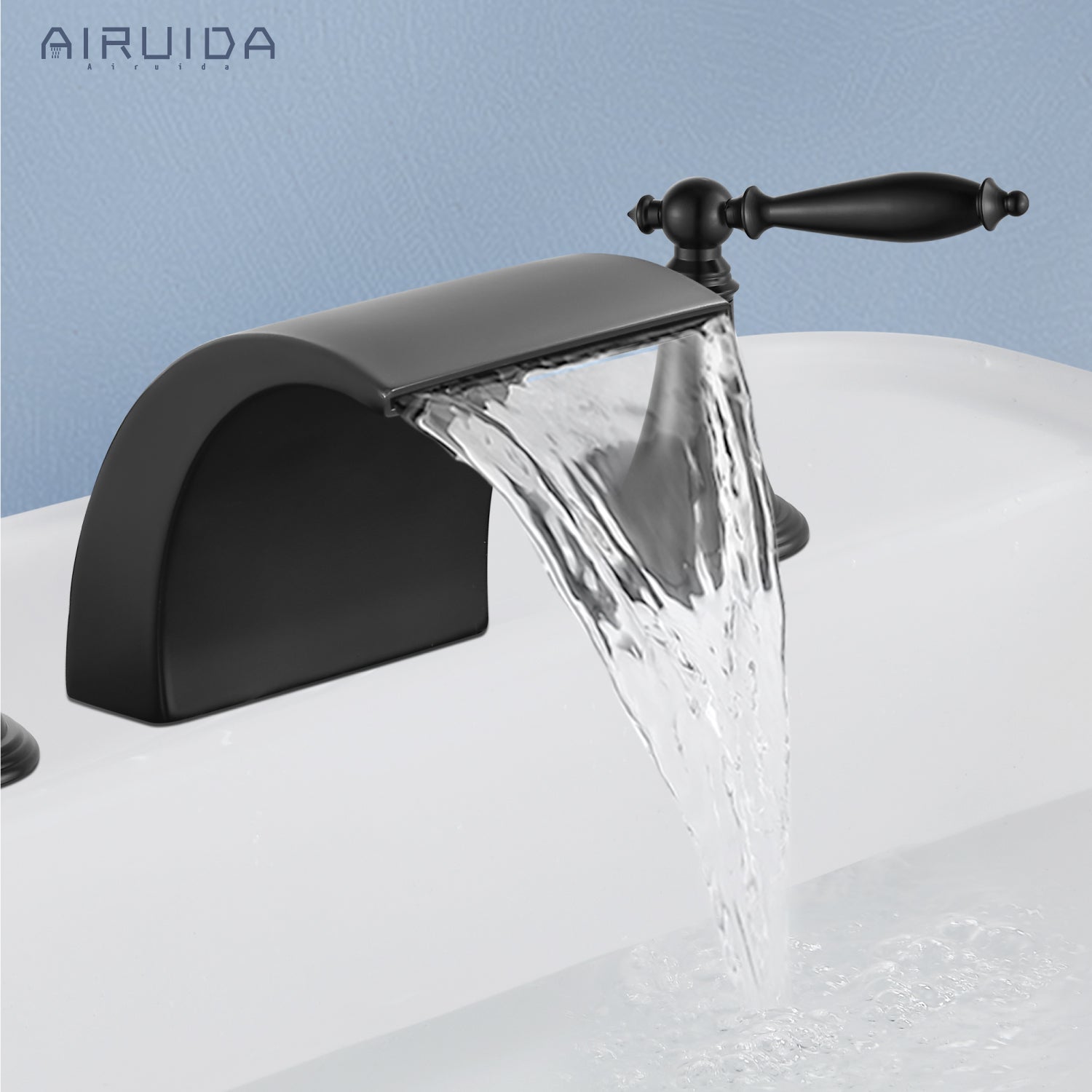 Airuida Widespread Waterfall Bathroom Faucet, Deck Mounted 8 Inch Faucet, Double Handles 3 Holes Waterfall Bathroom Faucet
