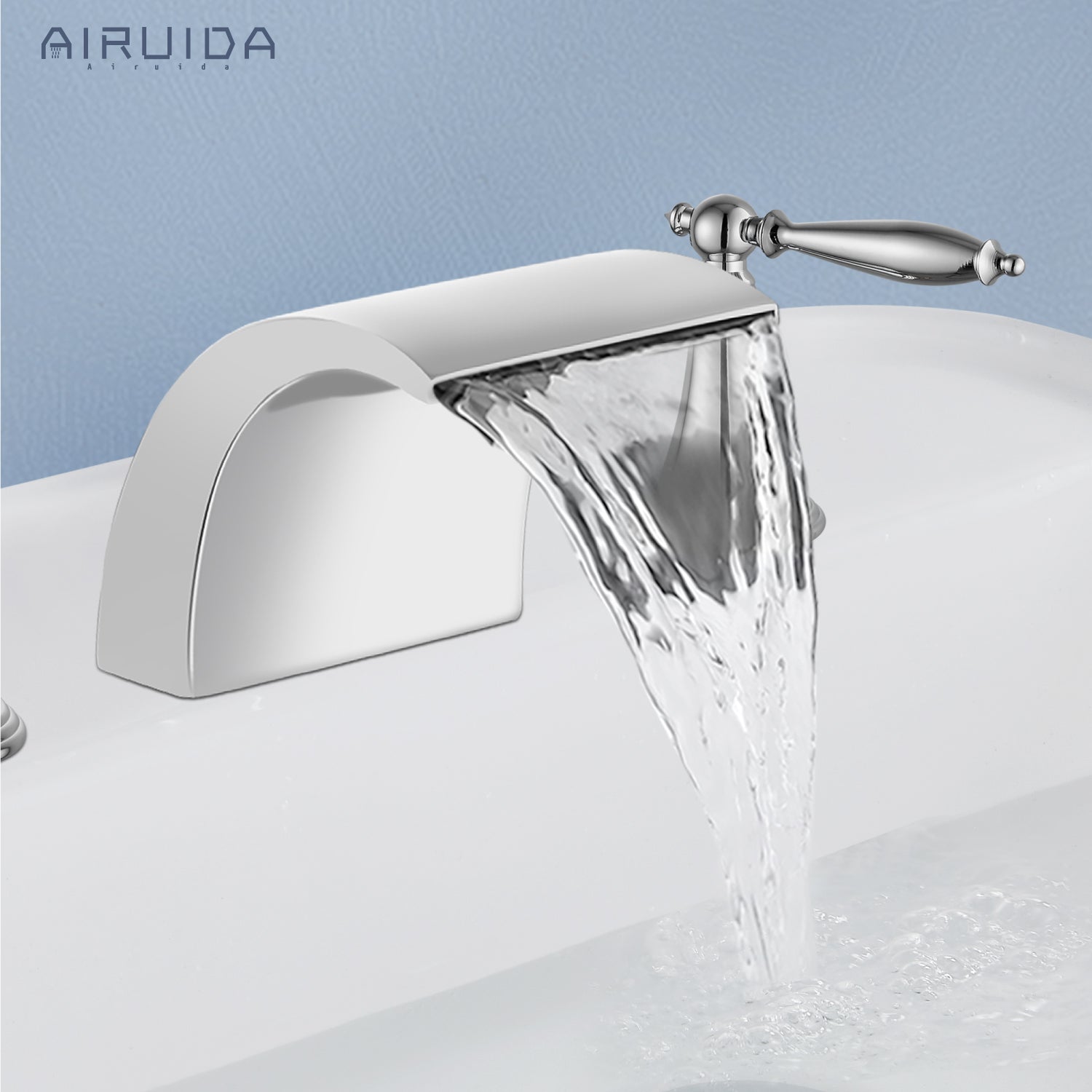 Airuida Widespread Waterfall Bathroom Faucet, Deck Mounted 8 Inch Faucet, Double Handles 3 Holes Waterfall Bathroom Faucet