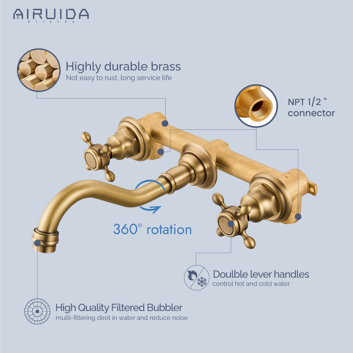 Airuida Wall Mount Faucet, Widespread Wall Mount Bathroom Sink Faucet, 360 Swivel Spout 2 Cross Knobs Handles 3 Holes Lavatory Basin Sink Mixing Faucet with Rough in Valve