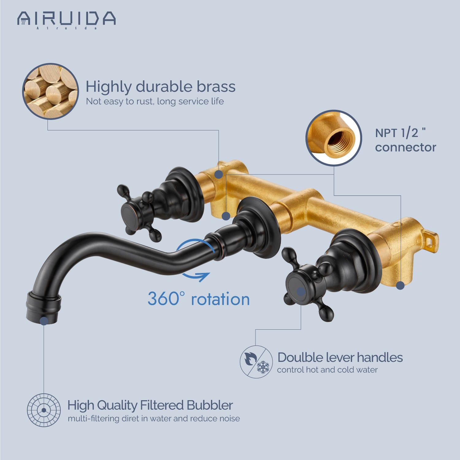 Airuida Wall Mount Faucet, Widespread Wall Mount Bathroom Sink Faucet, 360 Swivel Spout 2 Cross Knobs Handles 3 Holes Lavatory Basin Sink Mixing Faucet with Rough in Valve