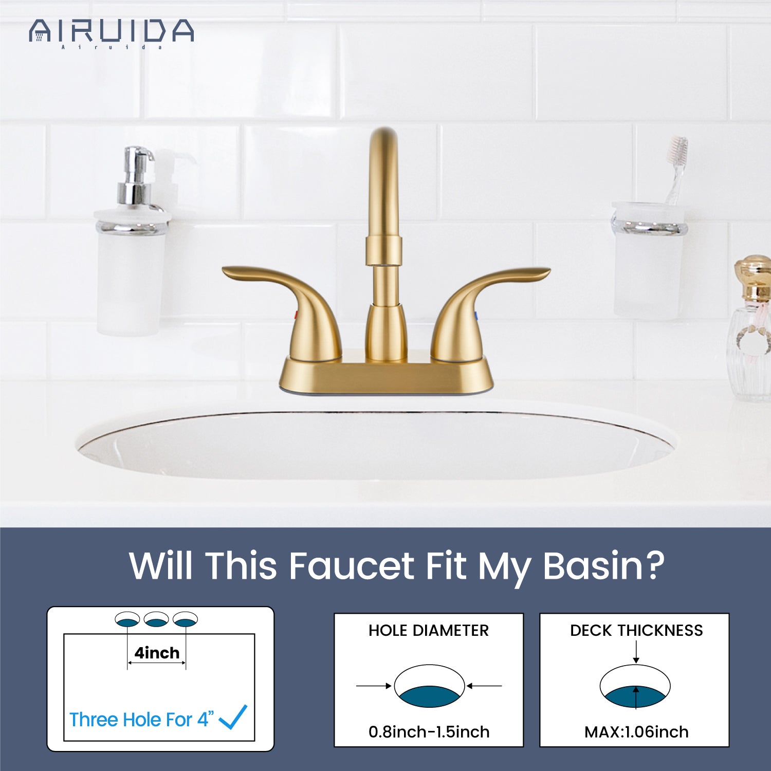 Airuida Bathroom Faucet 4 inch Centerset Two Handle Bathroom Sink Faucet 360°Swivel Spout Bathroom Faucet with Supply Hoses and Pop Up Drain Deck Mount