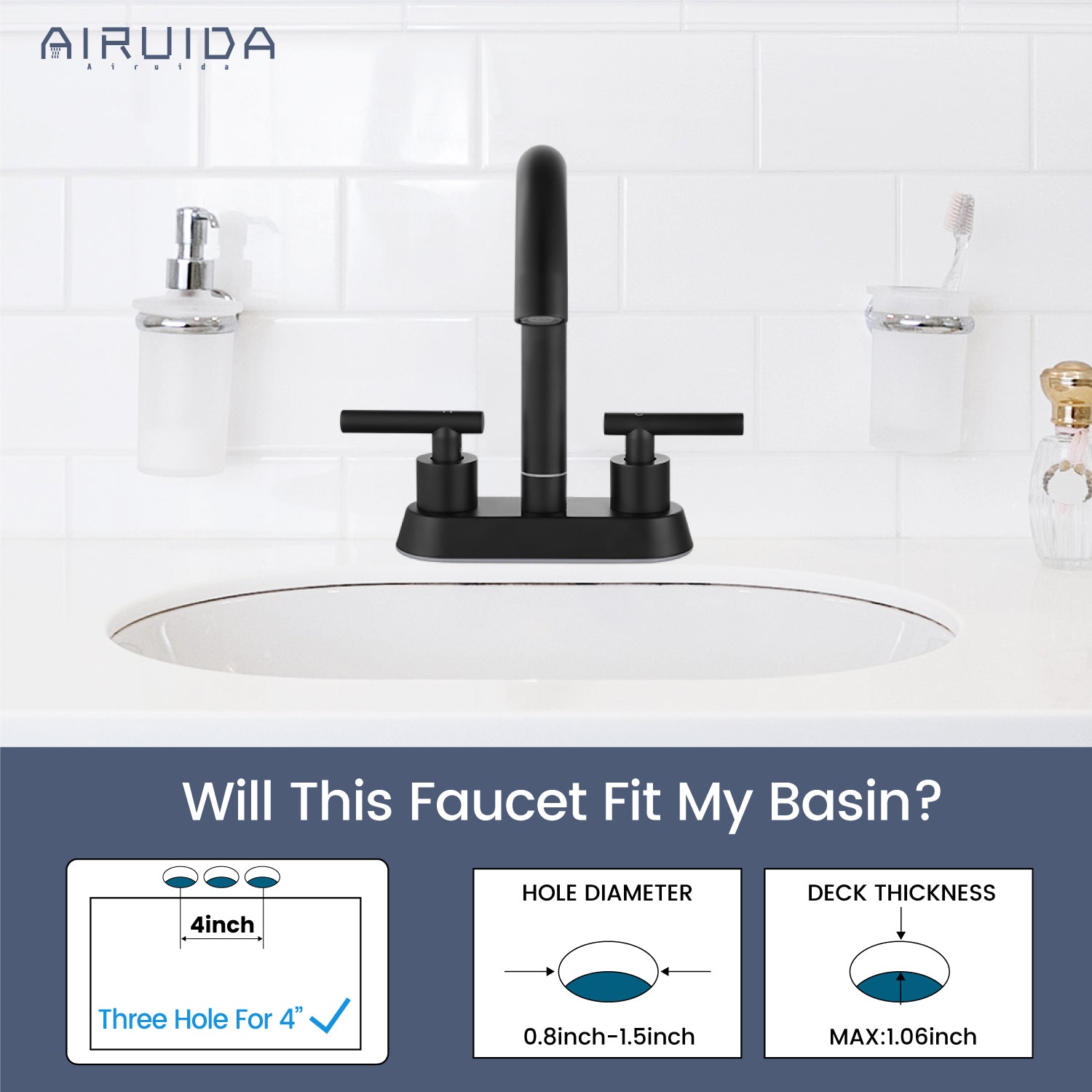 Airuida Bathroom Faucet 4 inch Centerset Two Handle Bathroom Sink Faucet 360°Swivel Spout Bathroom Faucet with Supply Hoses and Pop Up Drain Deck Mount