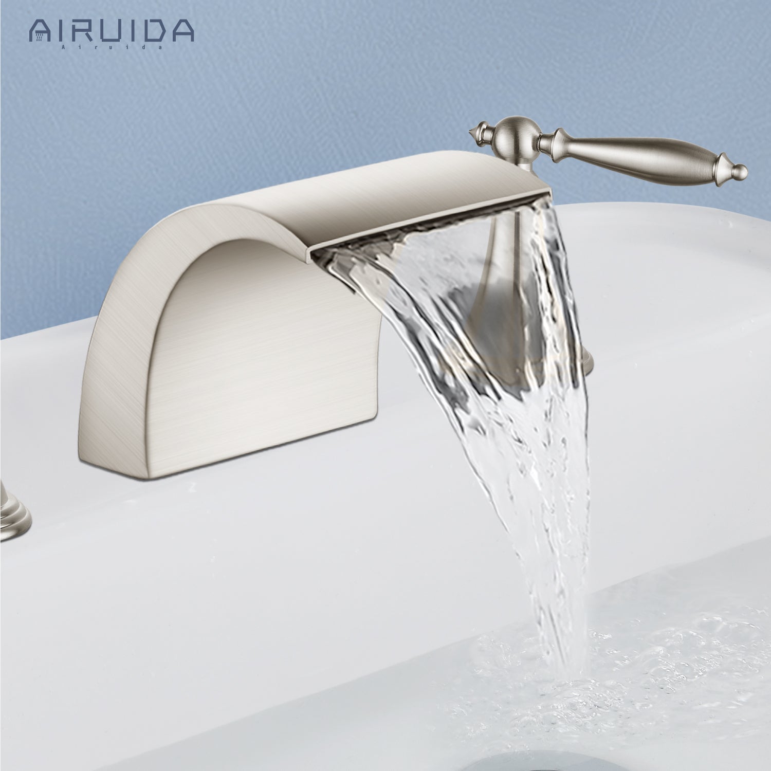 Airuida Widespread Waterfall Bathroom Faucet, Deck Mounted 8 Inch Faucet, Double Handles 3 Holes Waterfall Bathroom Faucet