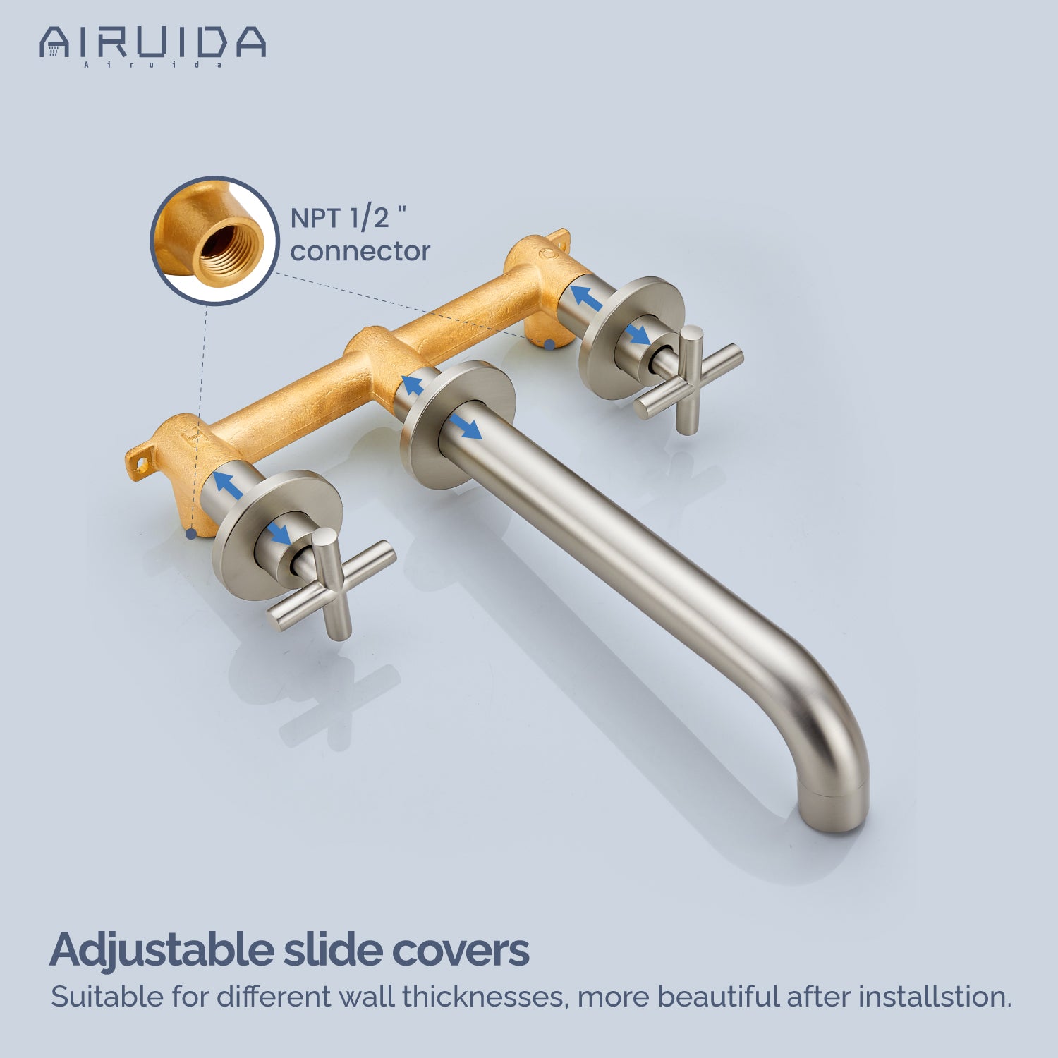 Airuida Wall Mounted Tub Faucet, Wall Mount Tub Filler,Wall Mount Bathtub Faucet with High Flow Two Cross Solid Brass Handles, Long Spout Reach with Rough-in Valve Included