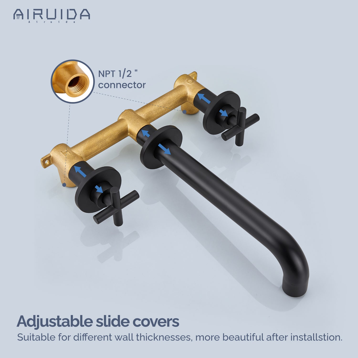 Airuida Wall Mounted Tub Faucet, Wall Mount Tub Filler,Wall Mount Bathtub Faucet with High Flow Two Cross Solid Brass Handles, Long Spout Reach with Rough-in Valve Included