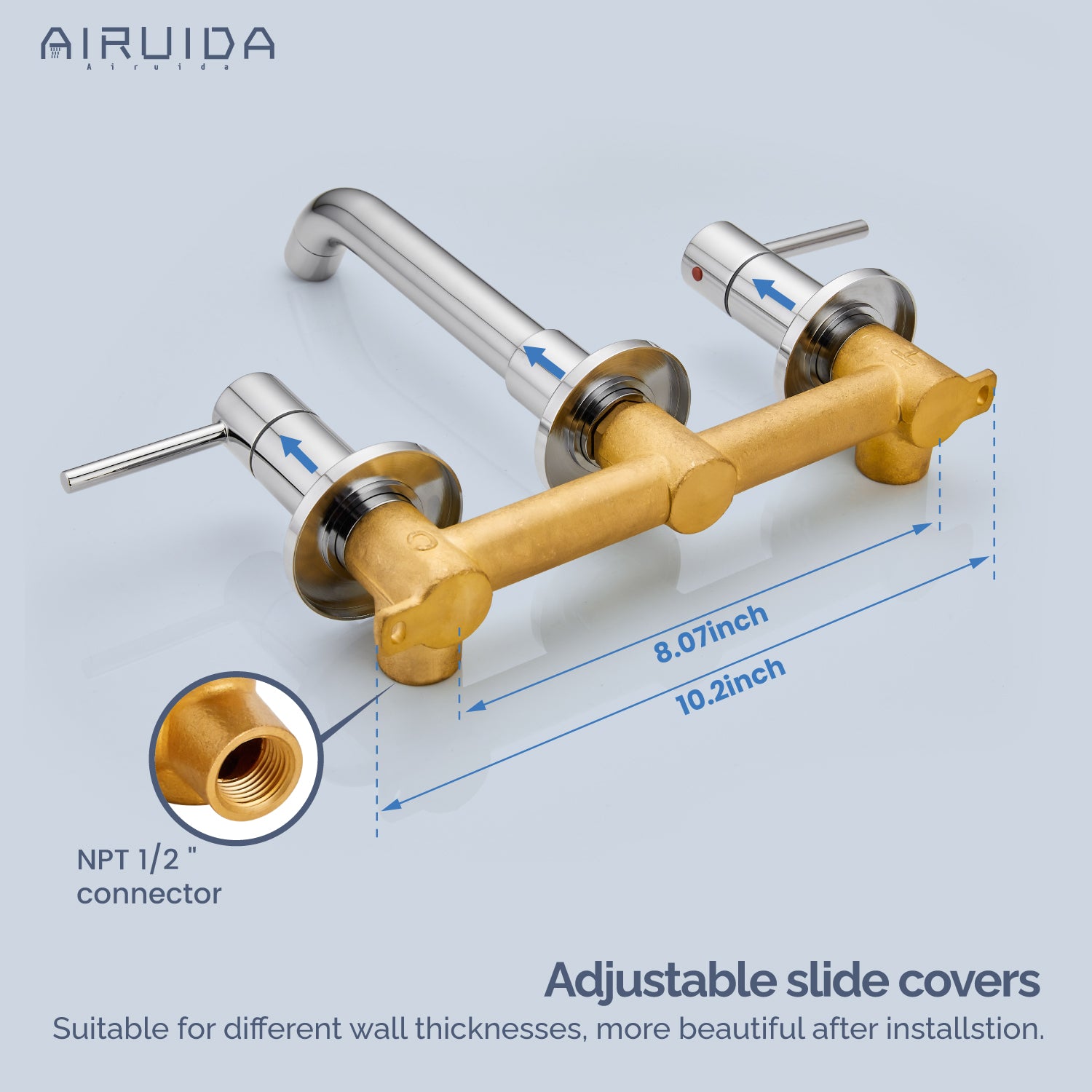 Airuida Wall Mount Bathroom Faucet Solid Brass Widespread Bathroom 360 Swivel Spout Sink Faucet Double Handles Lavatory Basin Sink Mixing Faucet with Rough in Valve