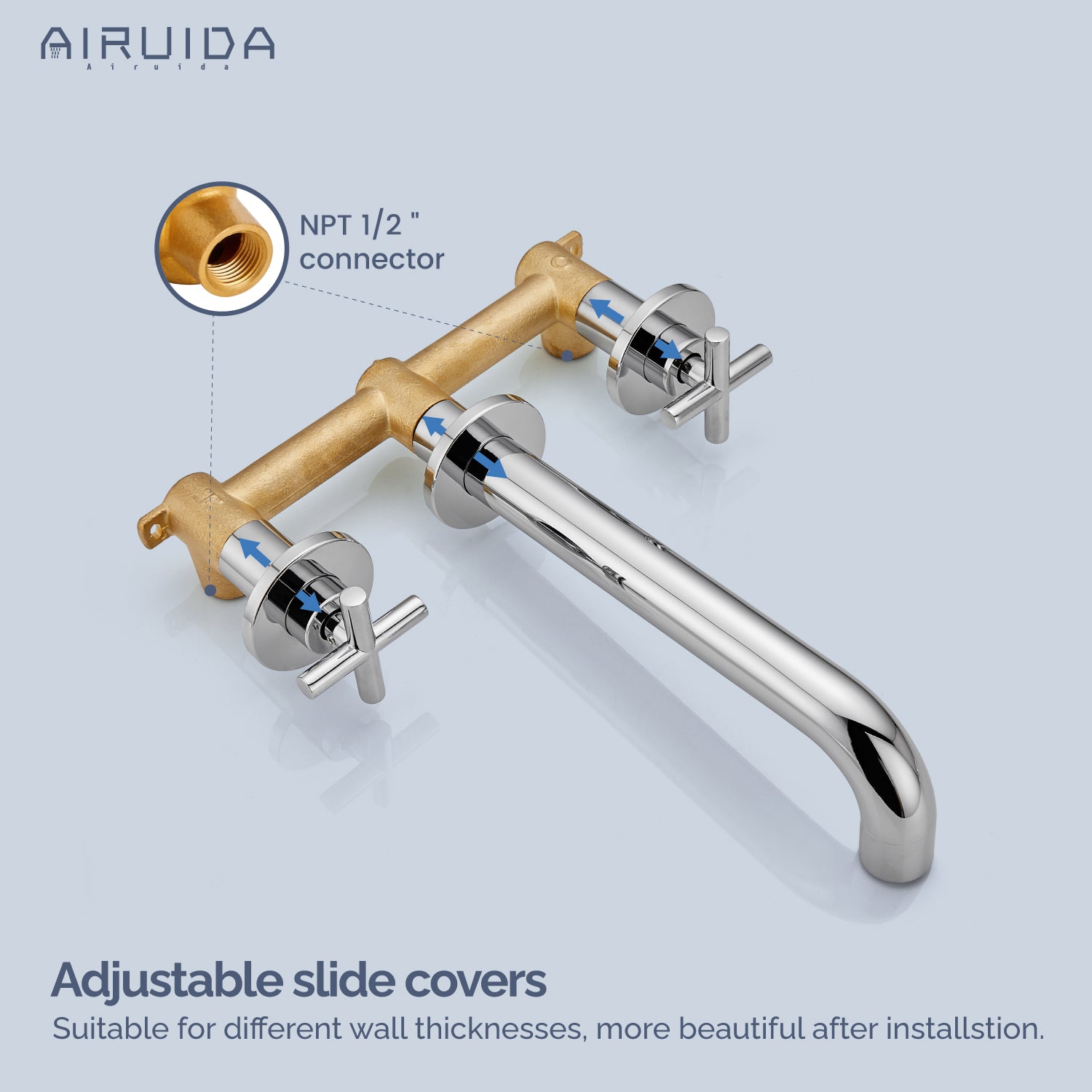 Airuida Wall Mounted Tub Faucet, Wall Mount Tub Filler,Wall Mount Bathtub Faucet with High Flow Two Cross Solid Brass Handles, Long Spout Reach with Rough-in Valve Included