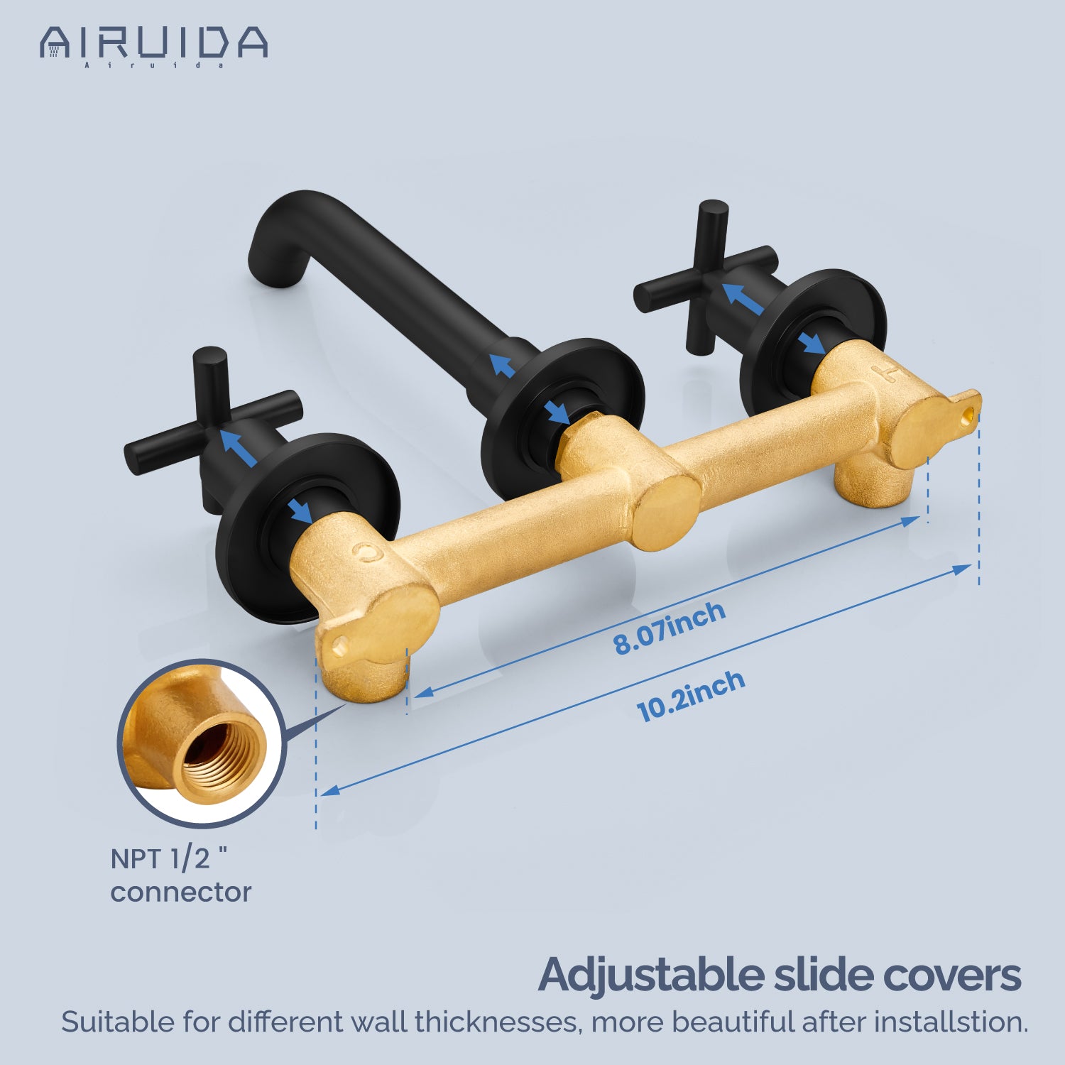 Airuida Wall Mount Bathroom Faucet Solid Brass Widespread Bathroom 360 Swivel Spout Sink Faucet Double Handles Lavatory Basin Sink Mixing Faucet with Rough in Valve