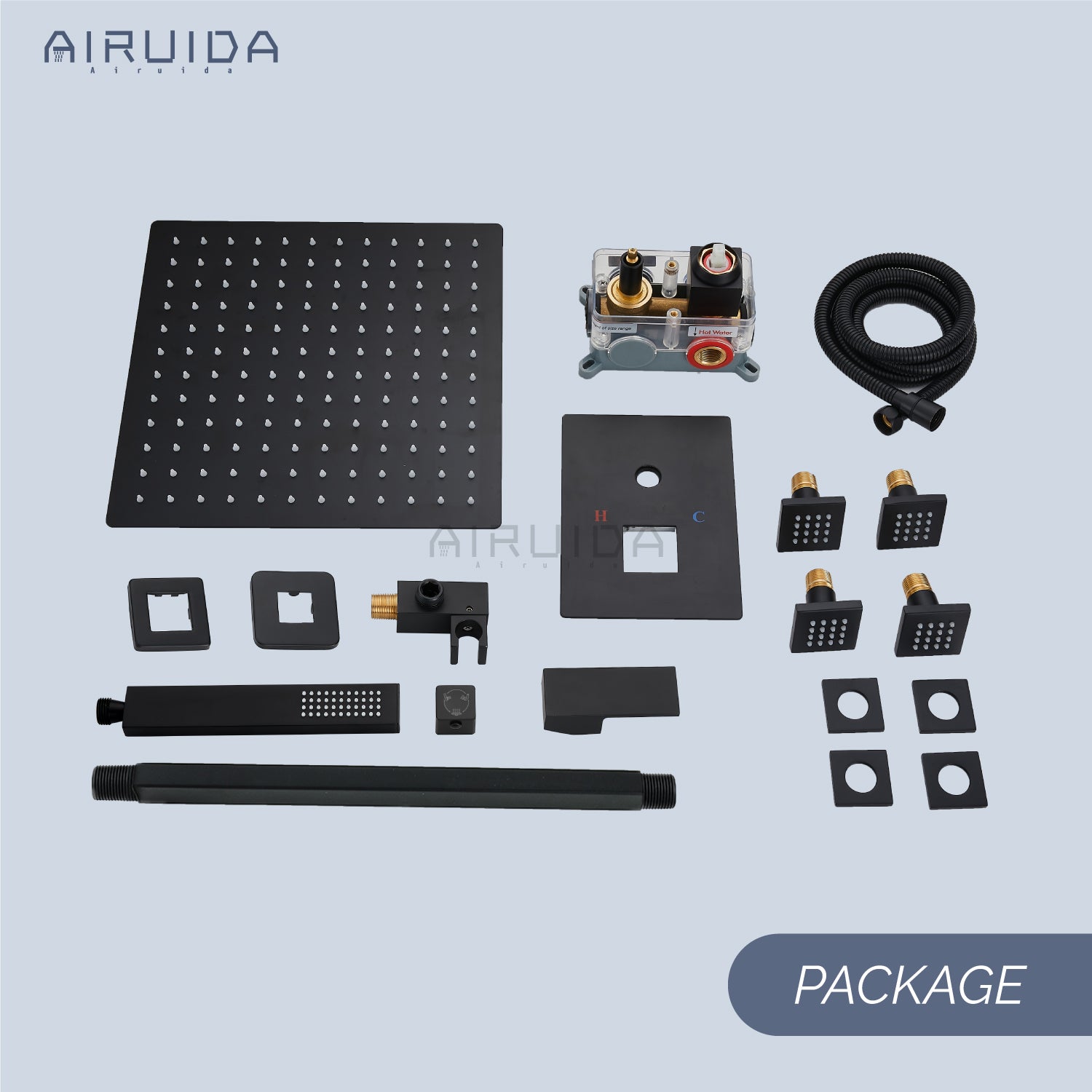 Airuida Matte Black 12 Inch Ceiling Mount Rain Shower Head with Handheld Shower Faucet Rough-in Valve SUS304 Shower Head Body Spray Jets Brass Shower Handheld Rain Mixer Shower System Set