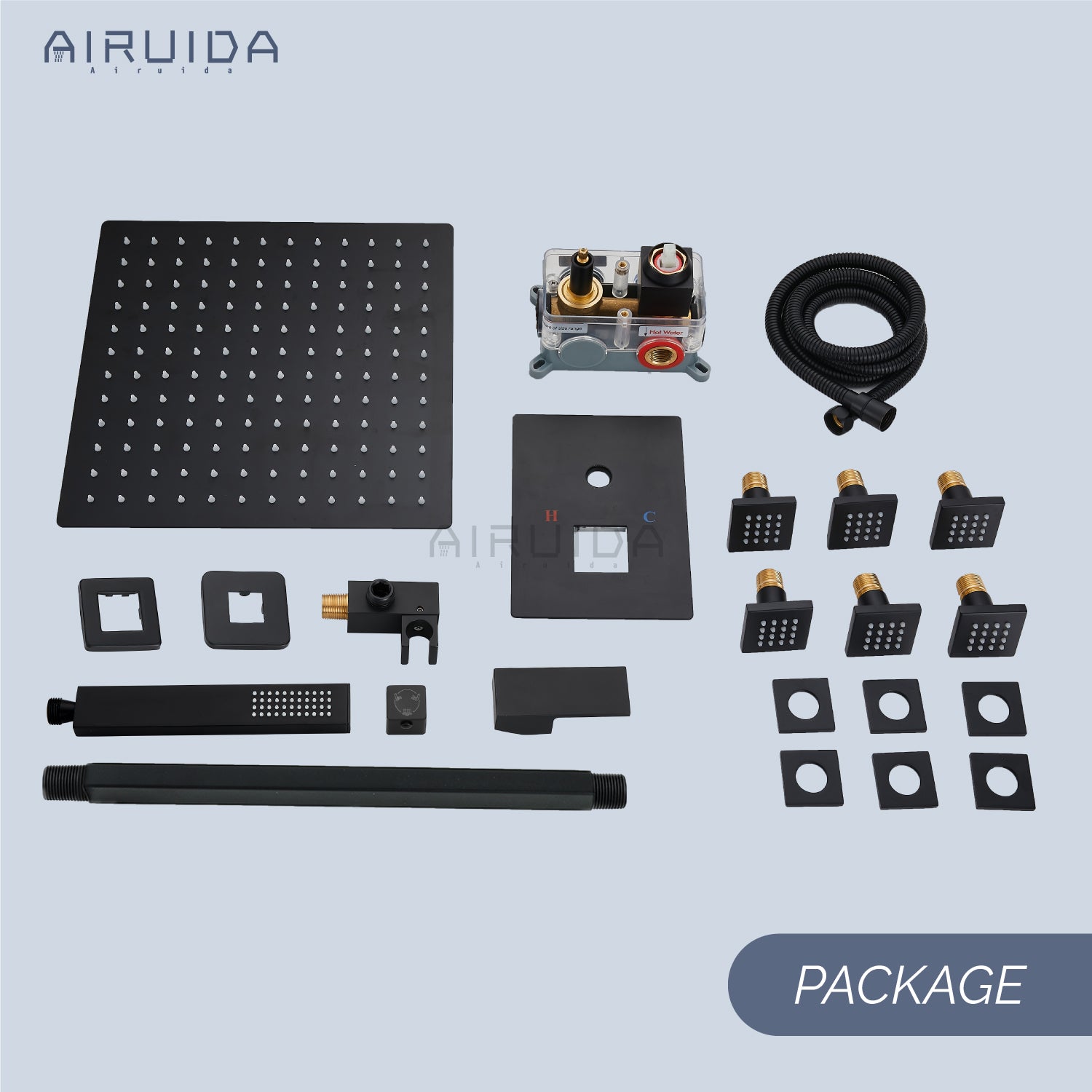 Airuida Matte Black 12 Inch Ceiling Mount Rain Shower Head with Handheld Shower Faucet Rough-in Valve SUS304 Shower Head Body Spray Jets Brass Shower Handheld Rain Mixer Shower System Set