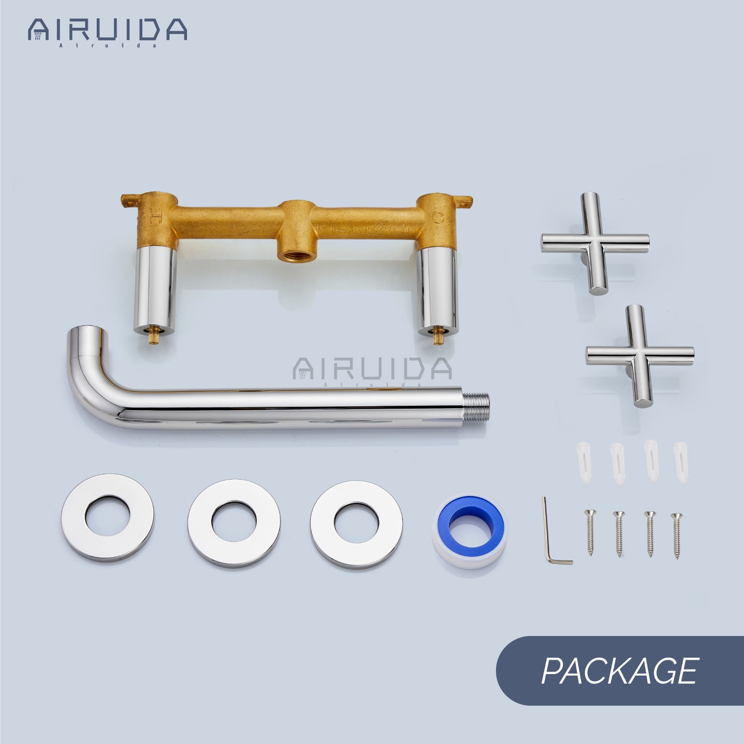 Airuida Wall Mounted Tub Faucet, Wall Mount Tub Filler,Wall Mount Bathtub Faucet with High Flow Two Cross Solid Brass Handles, Long Spout Reach with Rough-in Valve Included