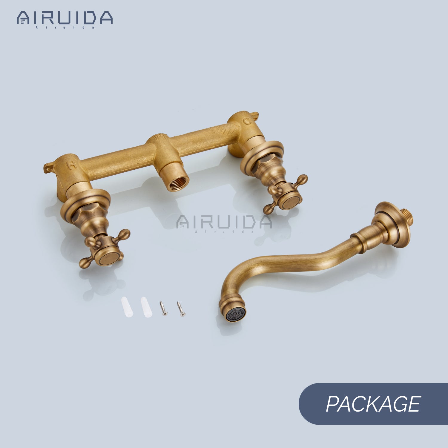 Airuida Wall Mount Faucet, Widespread Wall Mount Bathroom Sink Faucet, 360 Swivel Spout 2 Cross Knobs Handles 3 Holes Lavatory Basin Sink Mixing Faucet with Rough in Valve