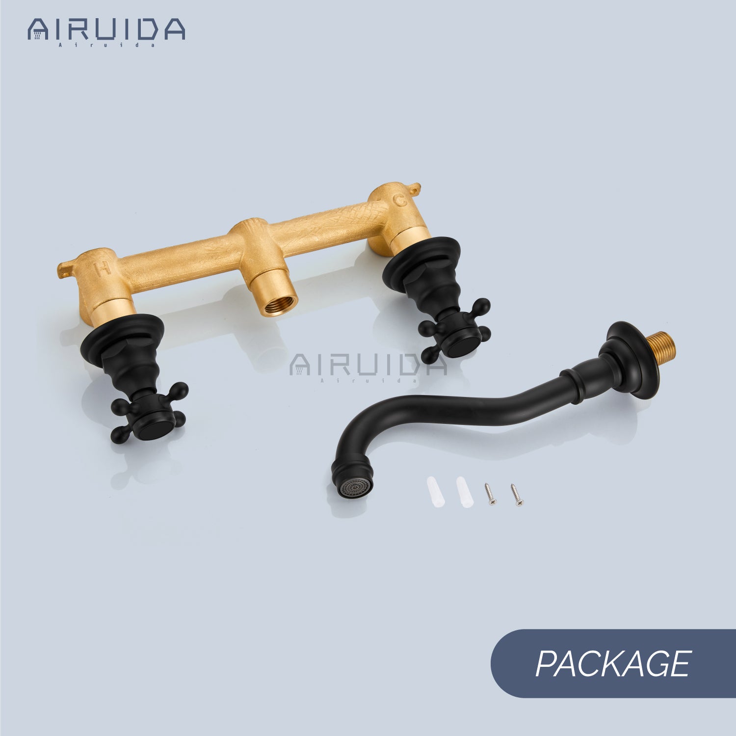 Airuida Wall Mount Faucet, Widespread Wall Mount Bathroom Sink Faucet, 360 Swivel Spout 2 Cross Knobs Handles 3 Holes Lavatory Basin Sink Mixing Faucet with Rough in Valve