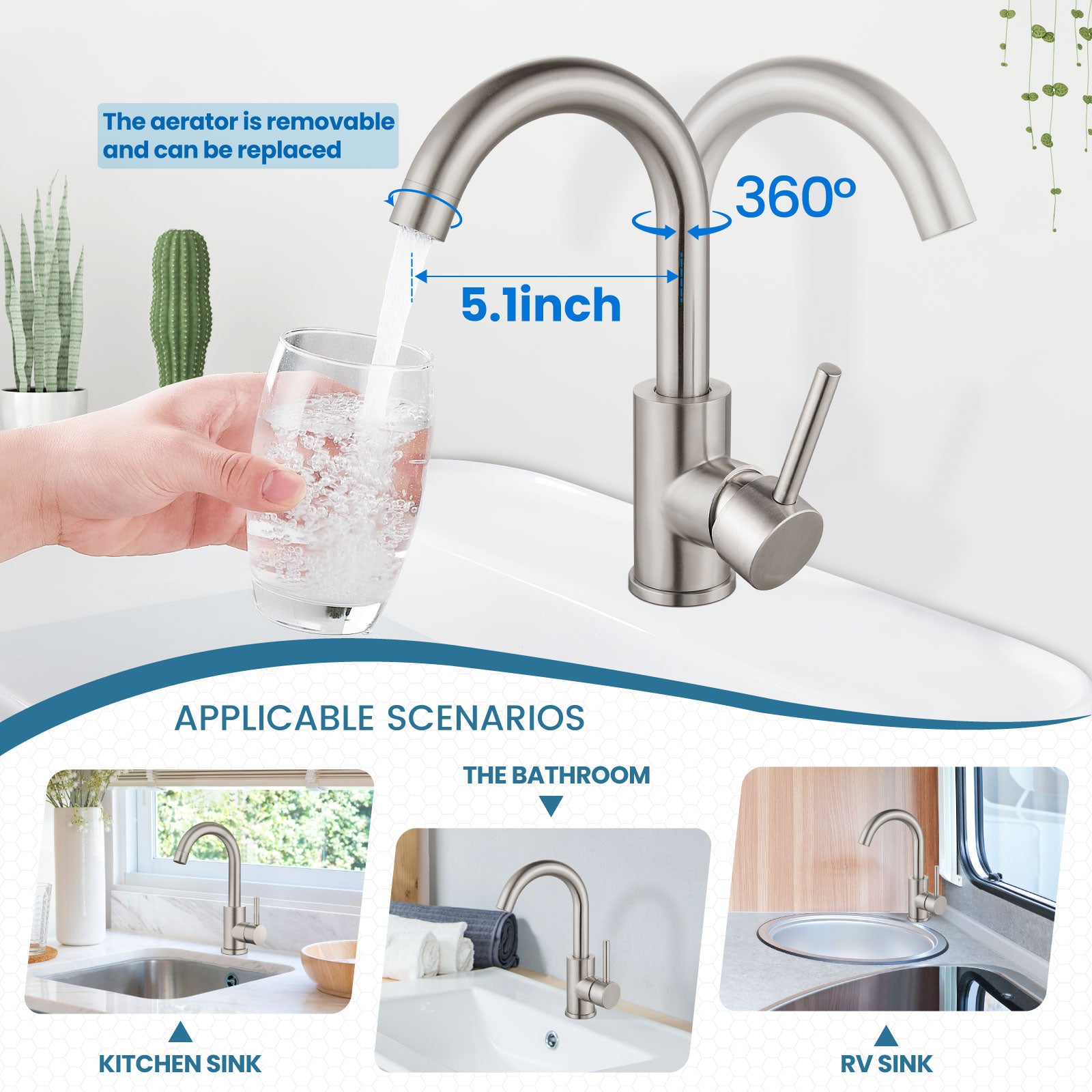 Airuida Bar Sink Faucet Single Hole Single Handle Bathroom Sink Faucet Kitchen Small Prep Wet Farmhouse RV Lavatory Vanity Mixer Tap 360 Degree Swivel Spout Without Pop Up Drain Brushed Nickel