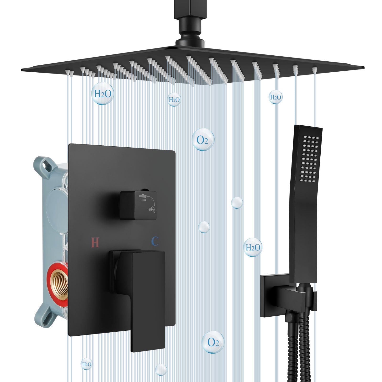 Airuida Matte Black Ceiling Mount Rain Shower System Shower Faucets Sets Complete 10 Inch Square SUS304 Rainfall Shower Head with Brass Handheld Spray, Rough-in Valve Mixer Shower Combo Set