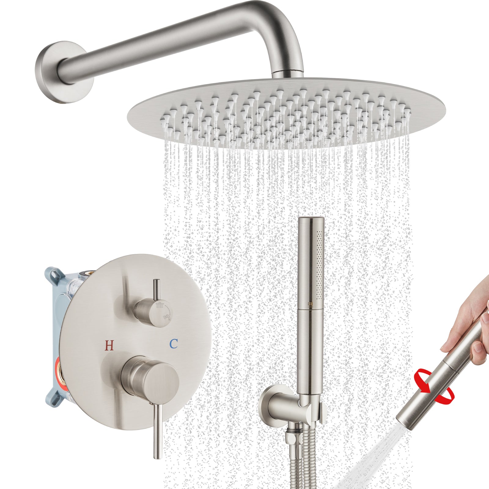 Airuida Shower Fixtures 2 Functions Shower Faucet Set Wall Mounted for Bathroom High Pressure Brass Handheld Shower with Rough-in Valve Round Rainfall 10 Inch Shower Head Brushed Nickel