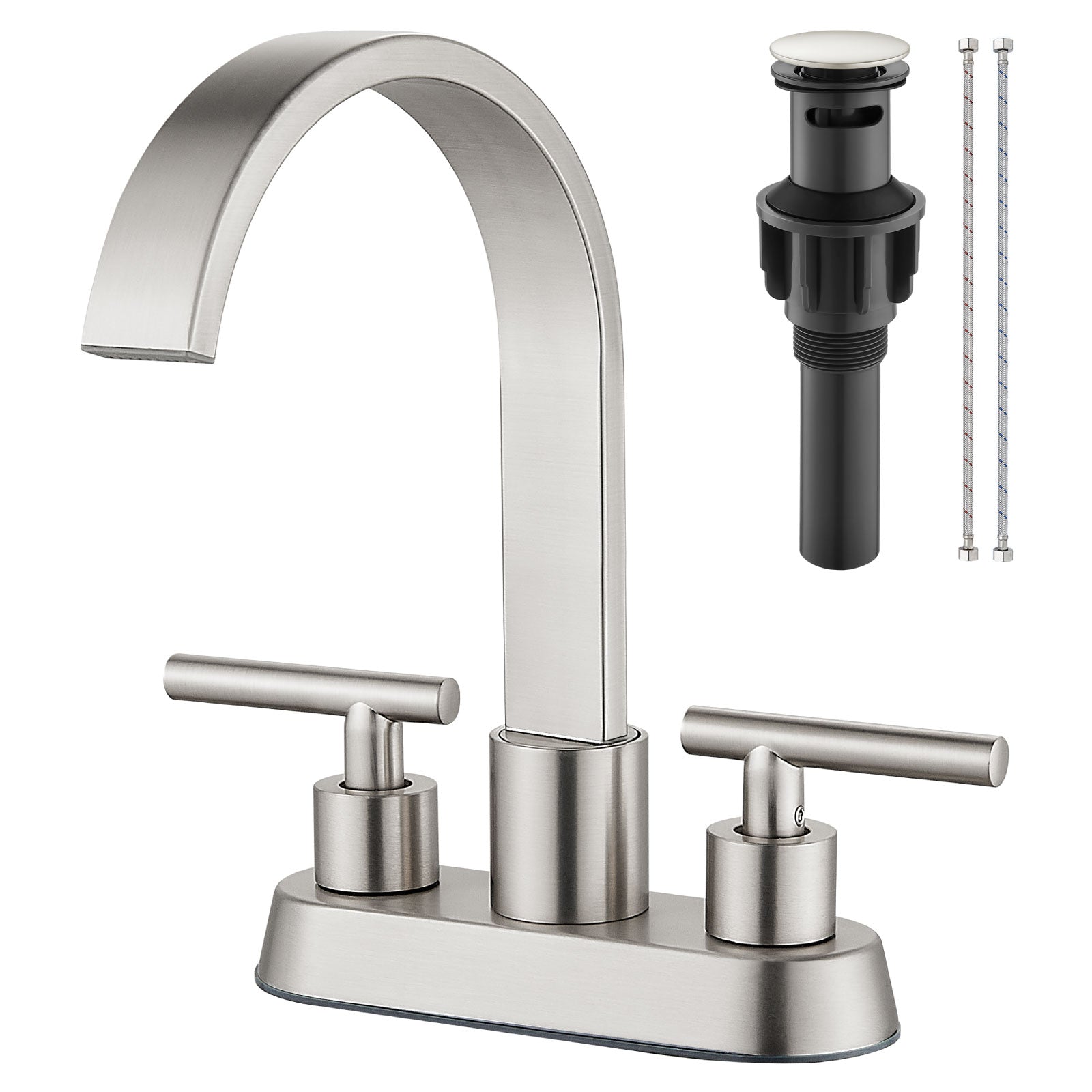 Airuida 4 Inch Centerset Bathroom Faucets,Two Handle Bathroom Sink Faucet,2 or 3 Hole Restroom Vanity with Pop Up Drain,Waterfall Swivel Spout 2 Water Supply Lines Conical Handle Brushed Nickel