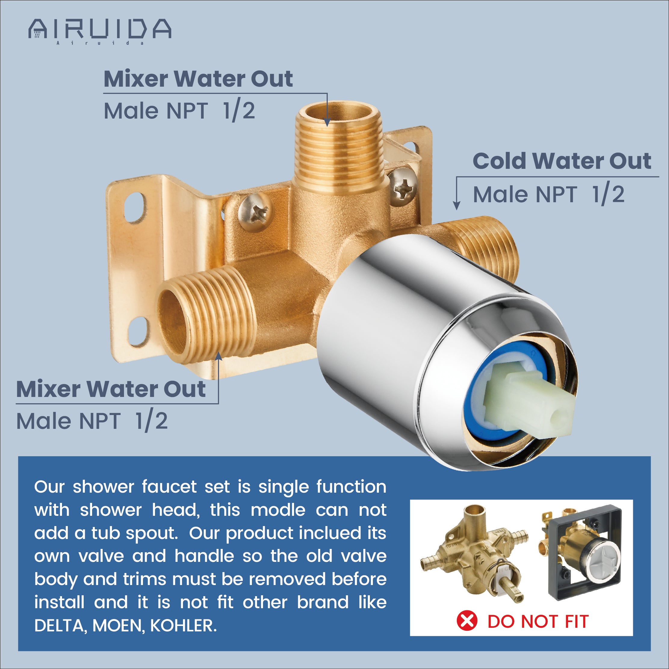 Airuida Ceiling Mount Shower Only Faucet Set Single Function Shower Trim Kit Square Shower Head Bathroom Rainfall Shower System with Rough-in Valve Male Thread