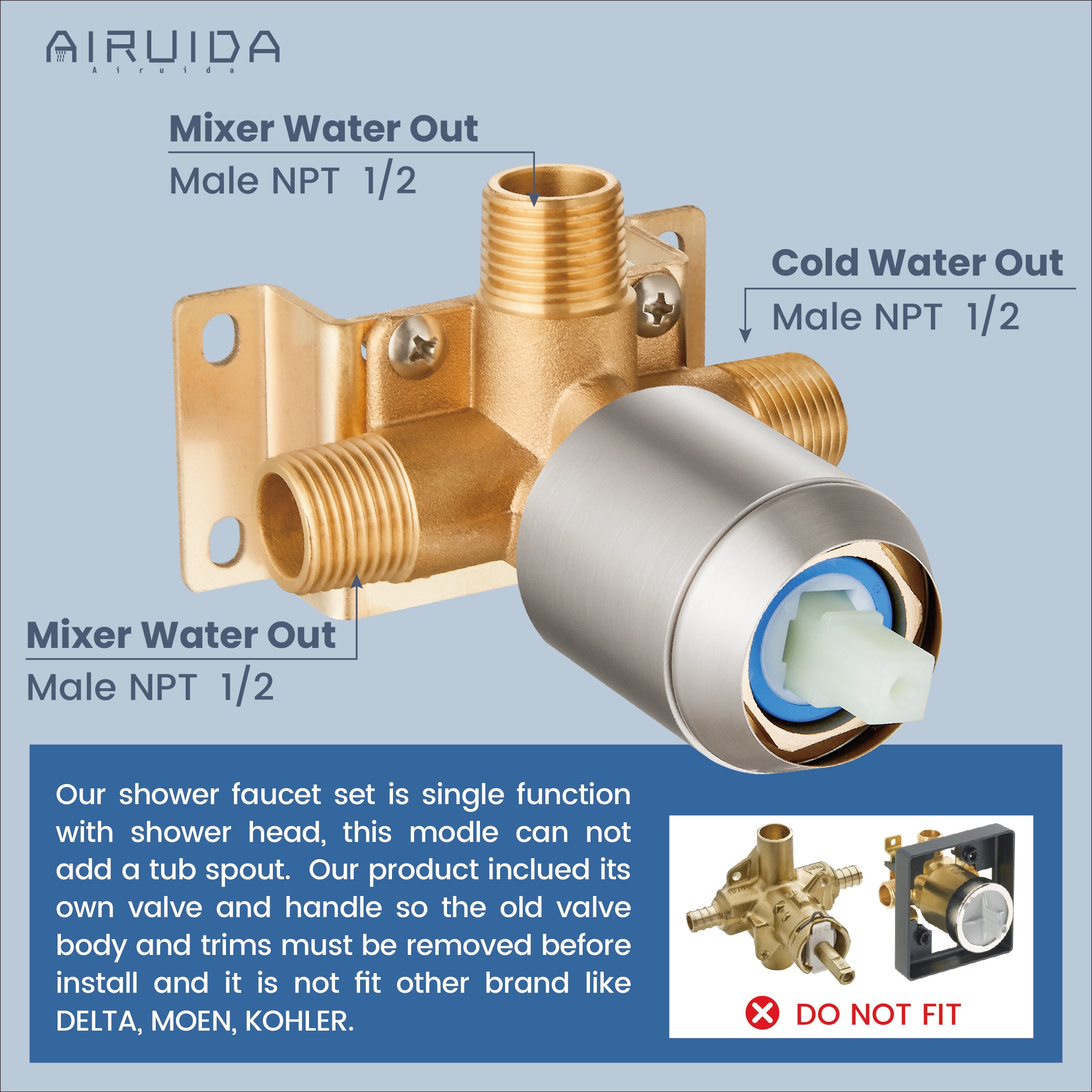 Airuida Ceiling Mount Shower Only Faucet Set Single Function Shower Trim Kit Square Shower Head Bathroom Rainfall Shower System with Rough-in Valve Male Thread
