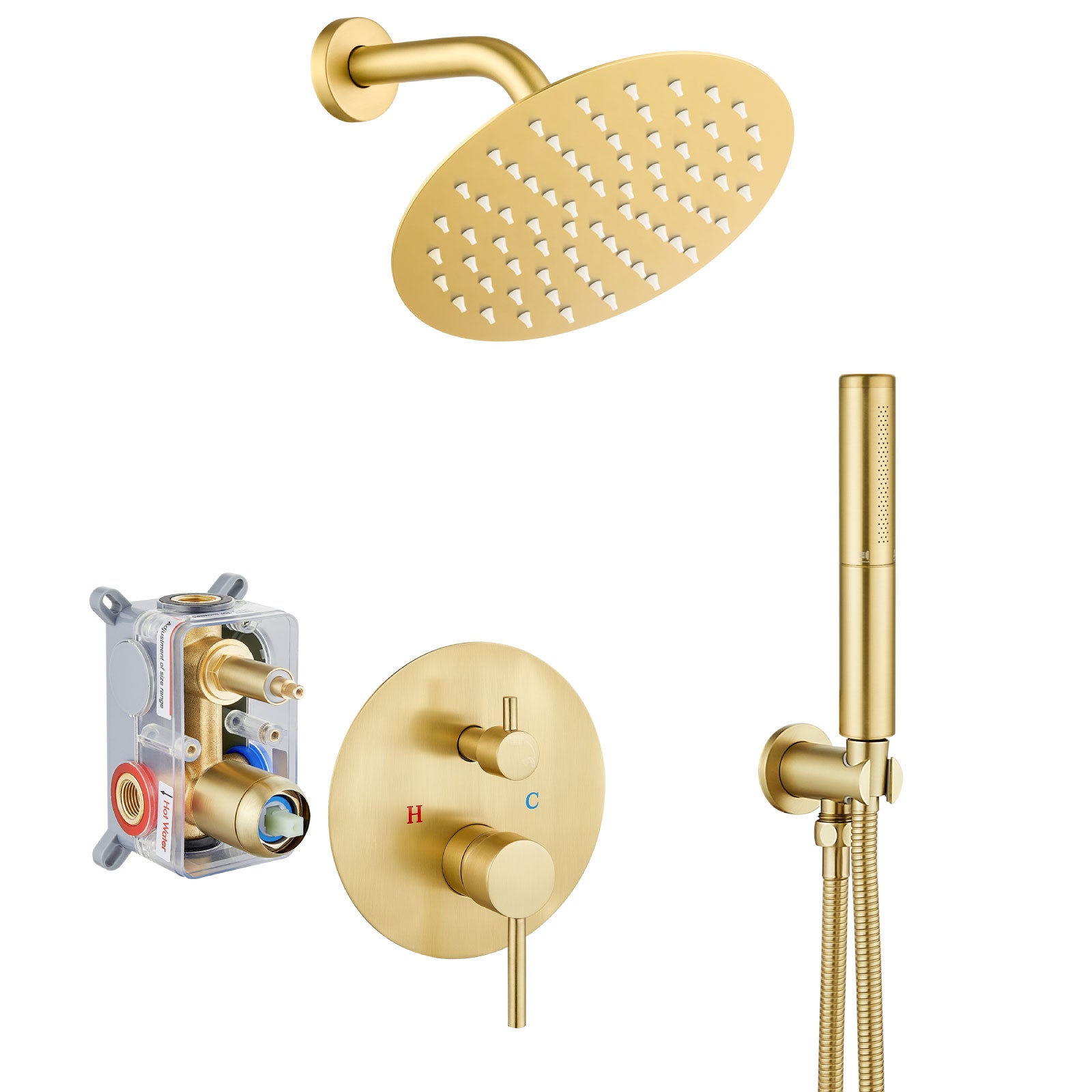 Airuida Shower Fixtures 2 Functions Shower Faucet Set Wall Mounted for Bathroom High Pressure Brass Handheld Shower with Rough-in Valve Round Rainfall 8 Inch Shower Head Brushed Gold