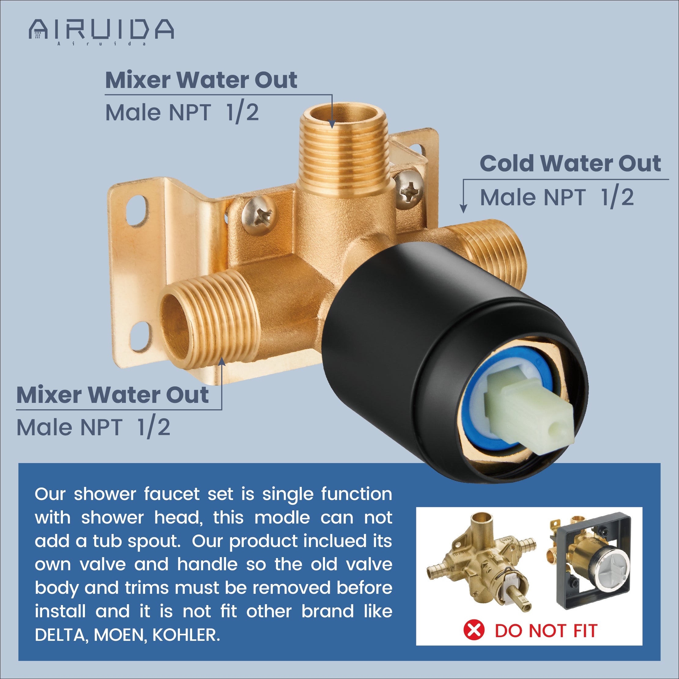 Airuida Ceiling Mount Shower Only Faucet Set Single Function Shower Trim Kit Square Shower Head Bathroom Rainfall Shower System with Rough-in Valve Male Thread