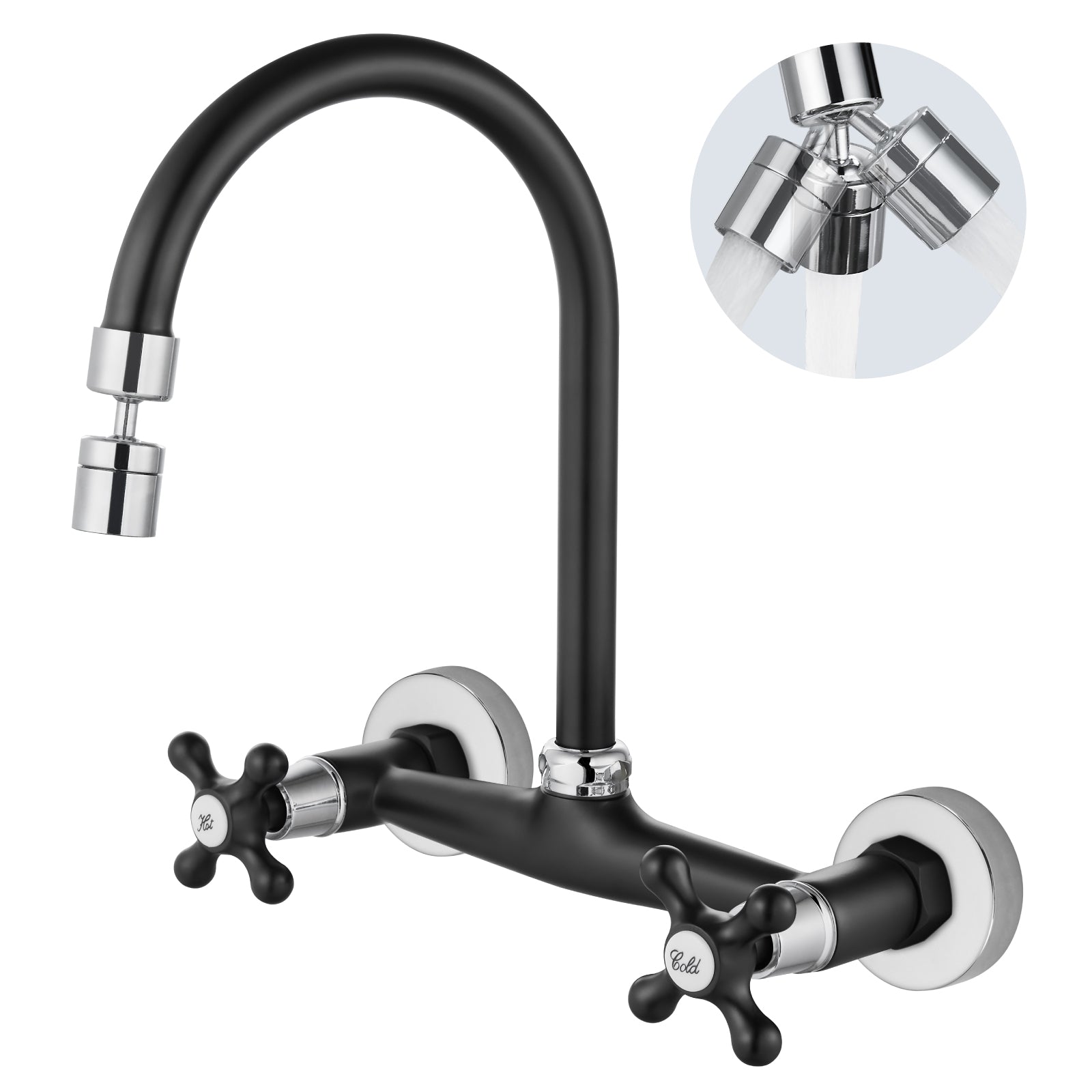 Airuida Matte Black & Polished Chrome Wall Mount Faucet with Sprayer Commercial Kitchen Faucet 8 Inch Center Utility Sink Faucet 360 Degree Swivel Spout Restaurant Sinks Laundry Room Faucet