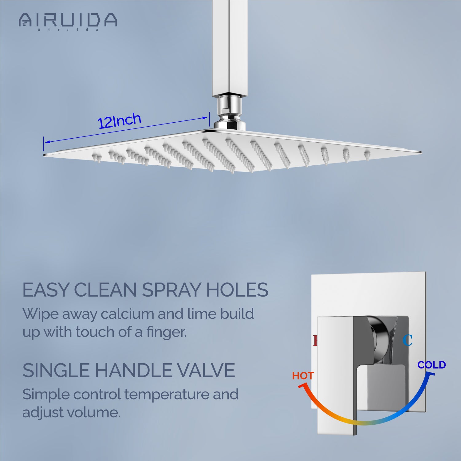 Airuida Ceiling Mount Shower Only Faucet Set Single Function Shower Trim Kit Square Shower Head Bathroom Rainfall Shower System with Rough-in Valve Male Thread