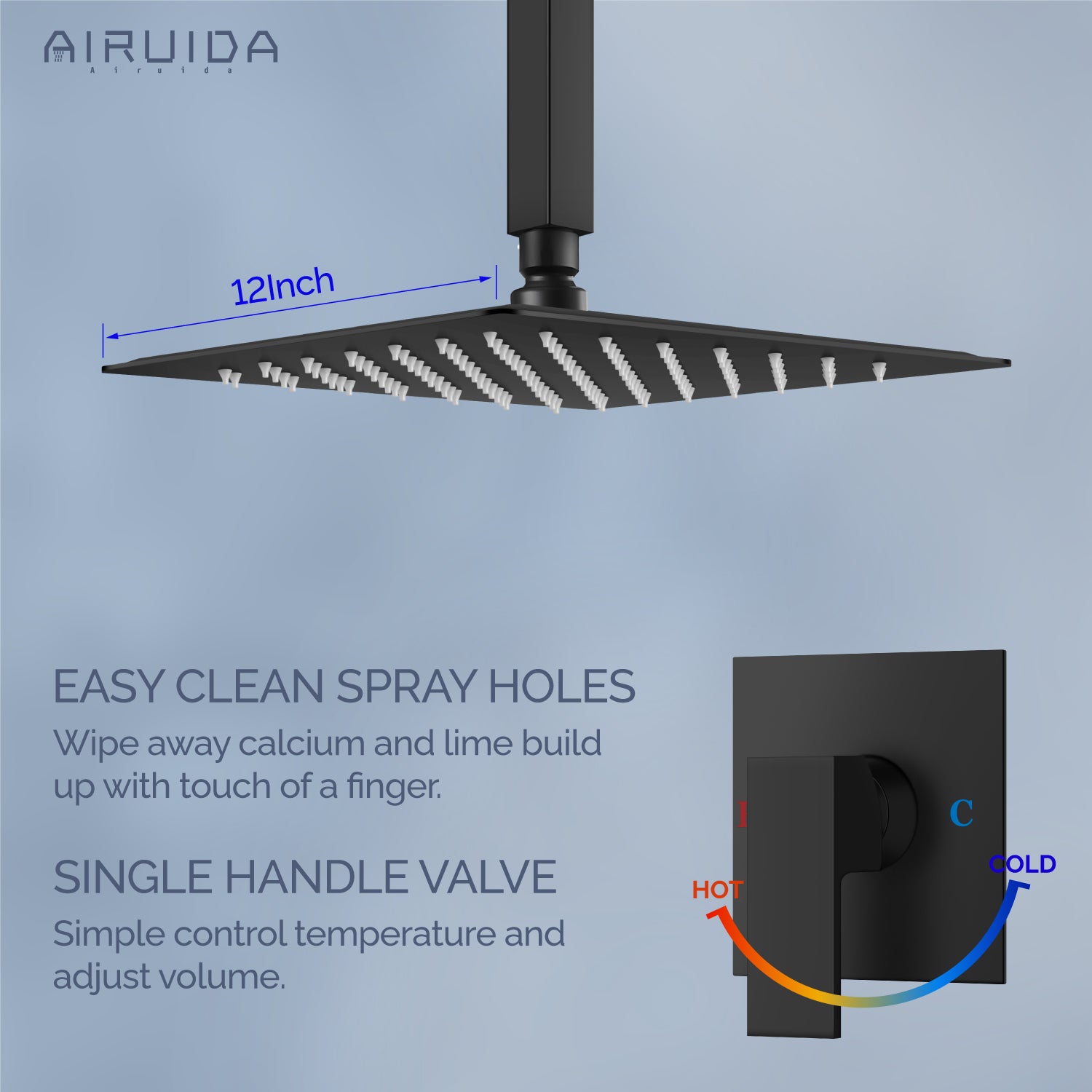 Airuida Ceiling Mount Shower Only Faucet Set Single Function Shower Trim Kit Square Shower Head Bathroom Rainfall Shower System with Rough-in Valve Male Thread